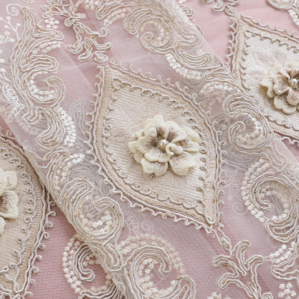 European Luxury 3D Relief Embroidery Curtains - Double-Layer Blackout Drapes, Flower Embroidered Sheer Yarn, for Living Room & Bedroom (1 Pair, Pink, W51 L84 inch)