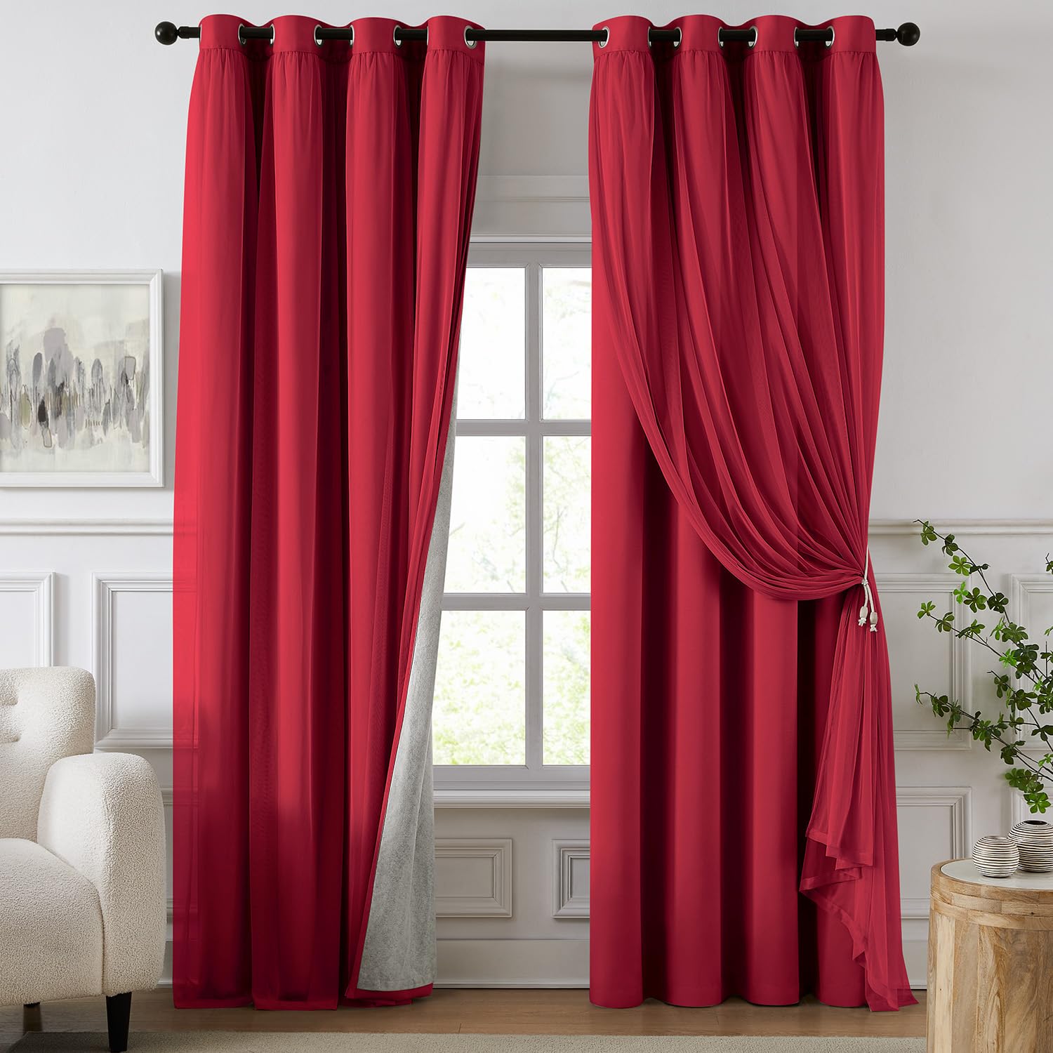84 Inch Pink Double Layer Blackout Curtains with Sheer Overlay Grommet Window Drapes