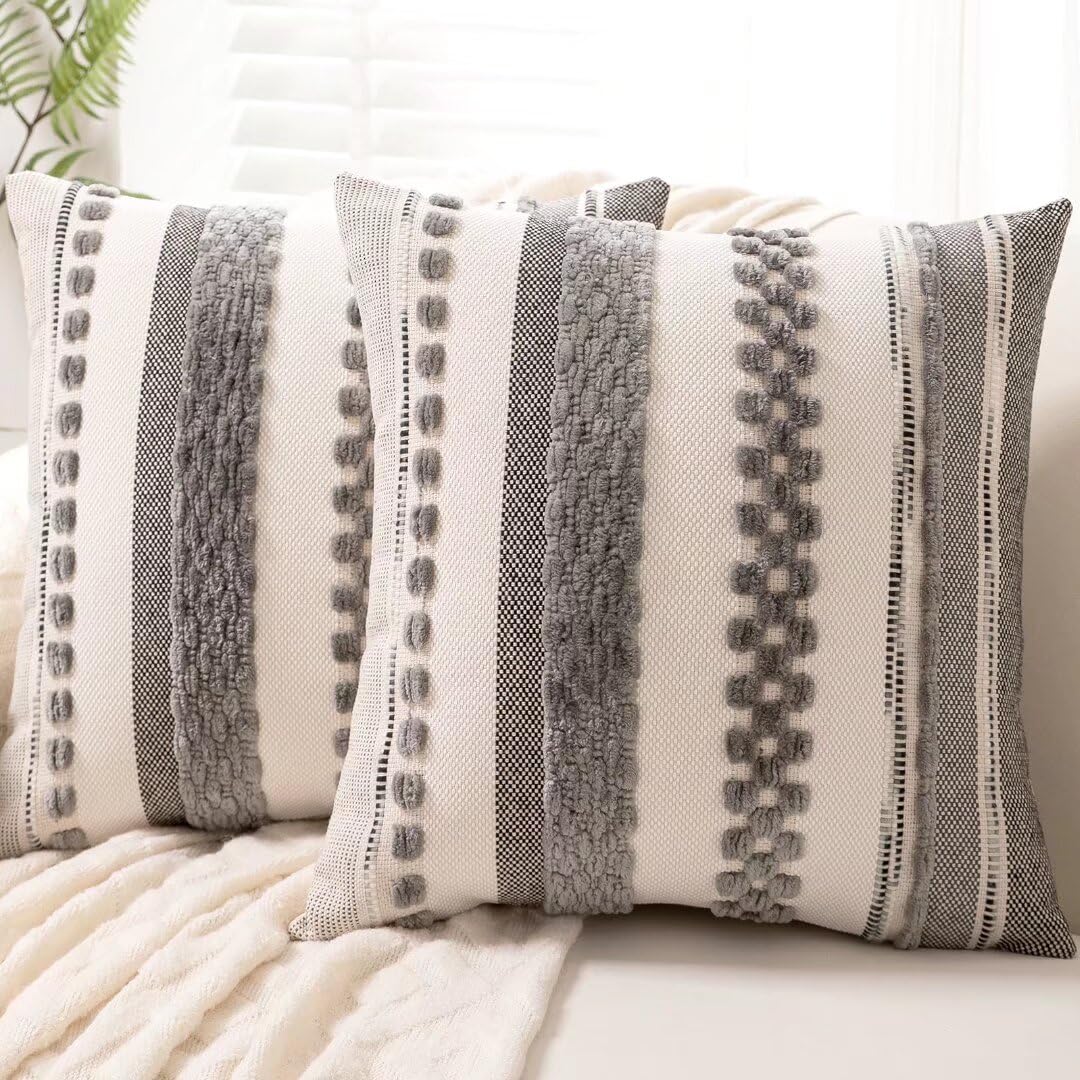 Boho Throw Pillow Covers 18x18 Set of 2 Farmhouse Decorative Cushion Case Striped Square Pillows Cover Chenille Pillow Cases Accent Neutral Pillowcase for Sofa Couch Bed,Yellow