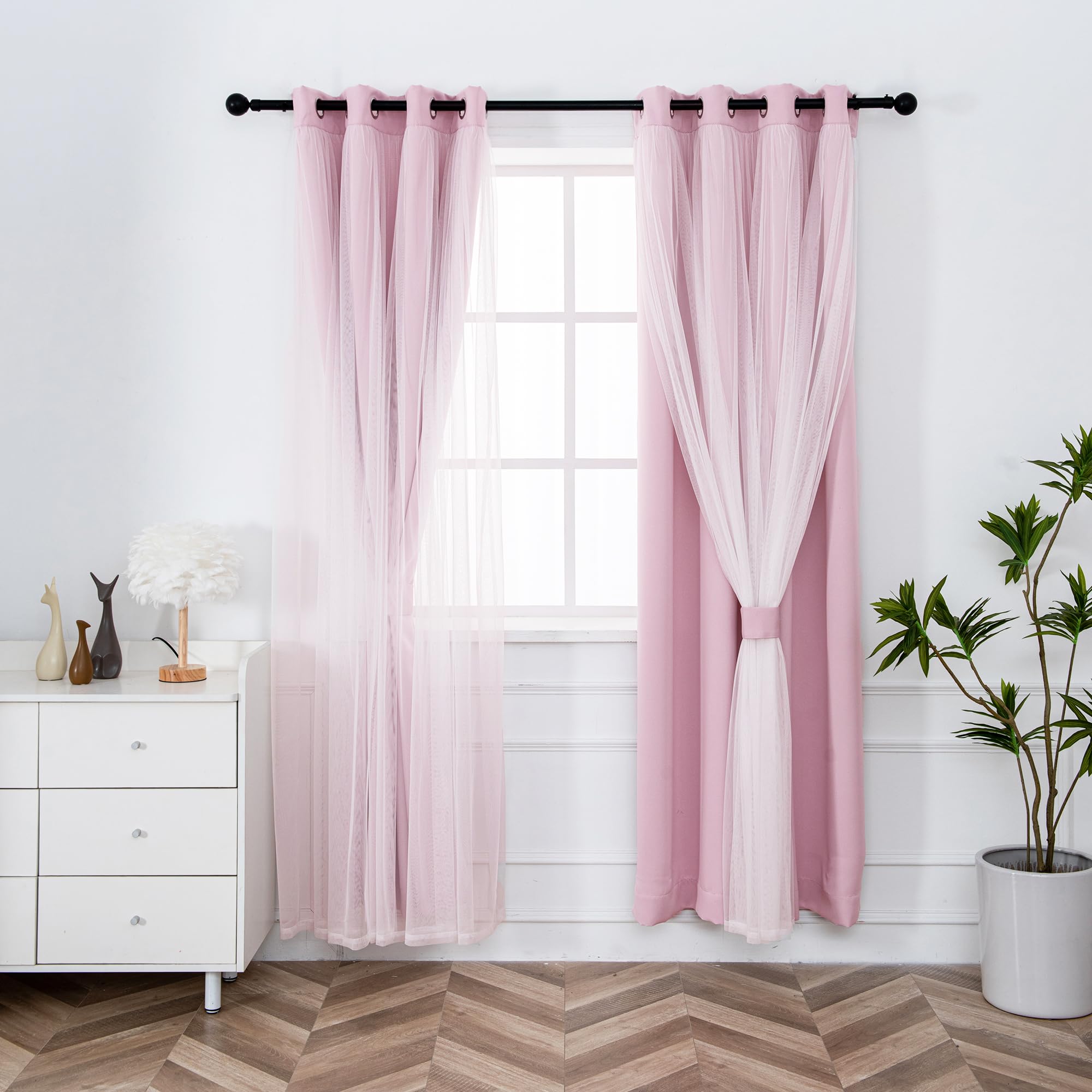 INLINAS Beige Blackout Curtains with Sheer Overlay - Grommet Top Thermal and Noise Reduction Panels for Bedroom and Living Room Light Blocking and Energy Saving, 52 x 84 Inches, Set of 2