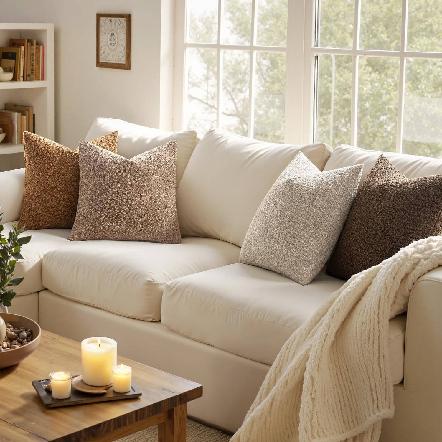 MIULEE Pack of 4 Decorative Textured Boucle Throw Pillow Covers 20x20 Inch Neutral Brown Accent Solid Pillow Cases Couch Cushion Covers for Modern Farmhouse Boho Chair Sofa Bed Livingroom Home Decor