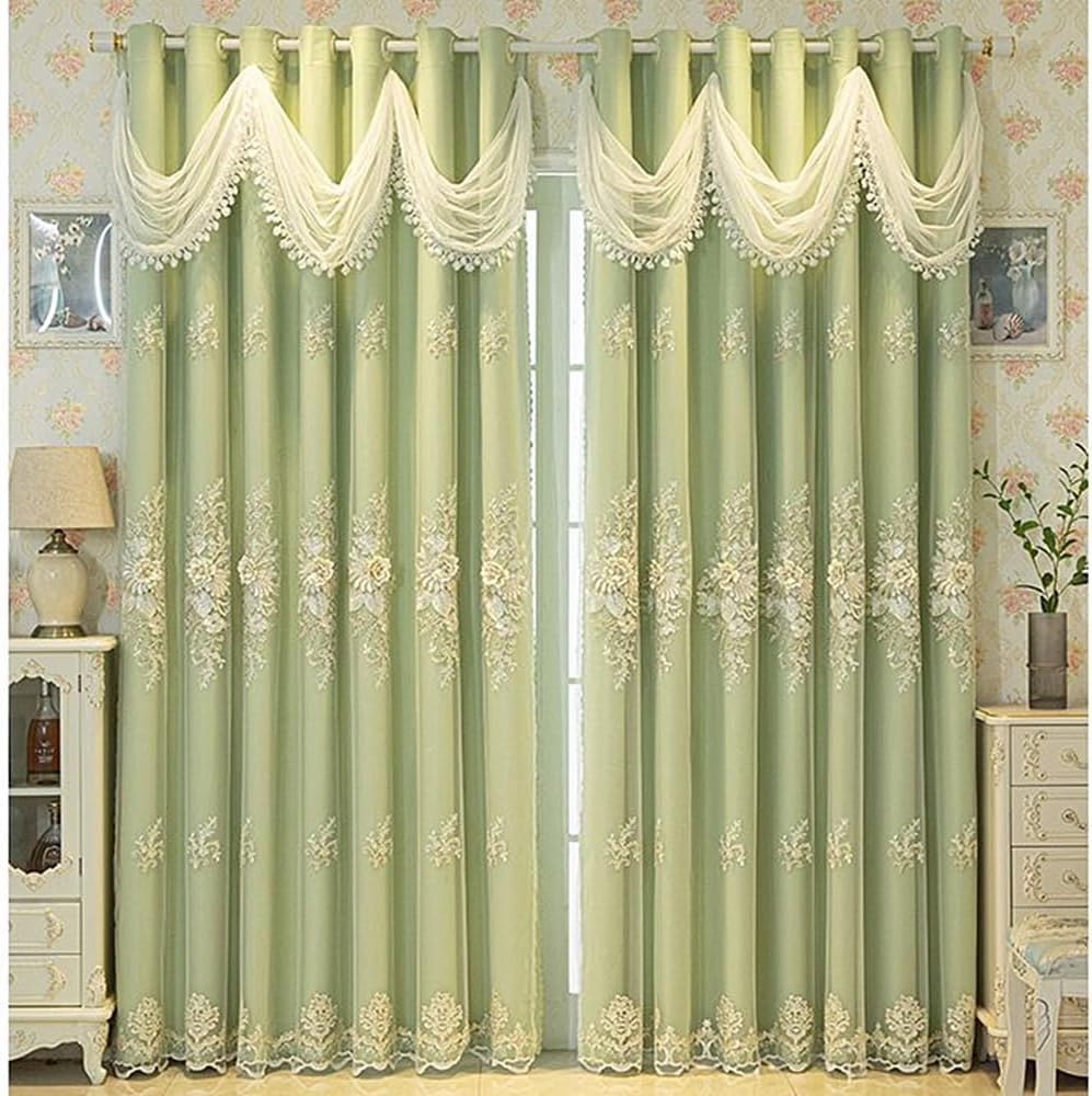 Amidoudou 1 Pair Luxury European Curtains with Wavy Valance for Living Room Bedroom Double Layer Embroidered Curtains (Beige,52x84 Inch)