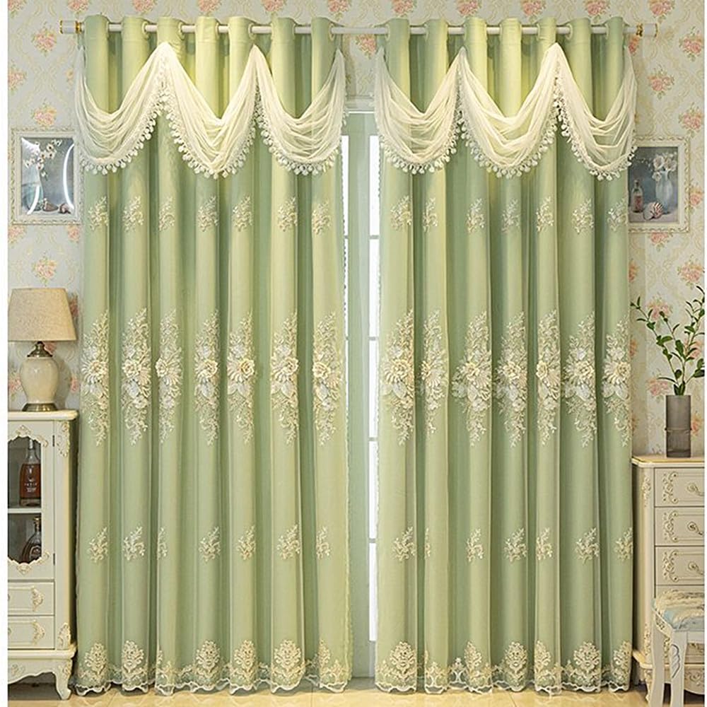 Amidoudou 1 Pair Luxury European Curtains with Wavy Valance for Living Room Bedroom Double Layer Embroidered Curtains (Beige,52x84 Inch)