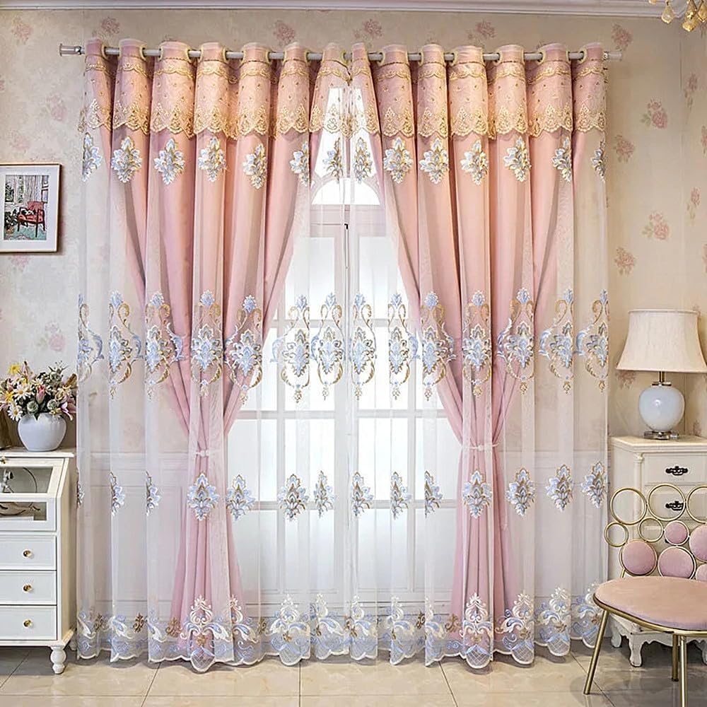 Amidoudou 1 Pair European Double Layer Curtains with Valances for Living Room Luxury Jacquard Curtains for Bedroom (Pink,63x96 Inch)