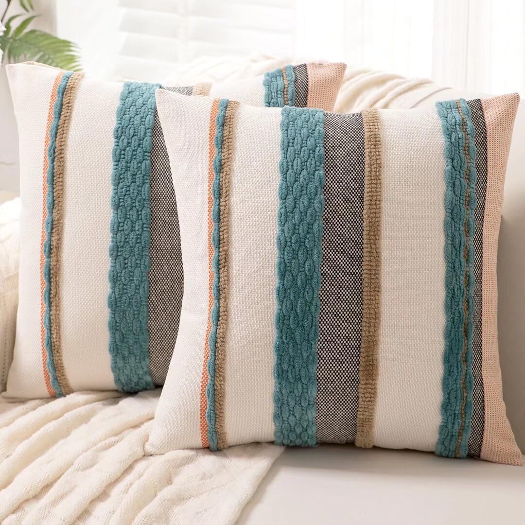 Boho Throw Pillow Covers 18x18 Set of 2 Farmhouse Decorative Cushion Case Striped Square Pillows Cover Chenille Pillow Cases Accent Neutral Pillowcase for Sofa Couch Bed,Yellow