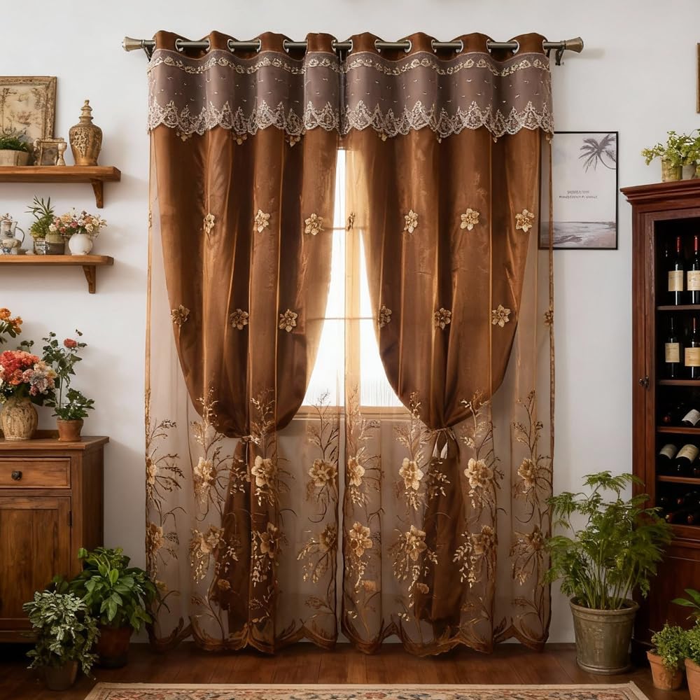Amidoudou 1 Pair European Double Layer Curtains for Living Room Bedroom Luxury Flower Embroidered Curtains with Valance (Grey,54x96 Inch)