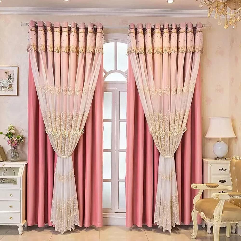Amidoudou 1 Pair European Double Layer Curtains with Valances for Living Room Bedroom Luxury 3D Flower Embroidered Curtains (Beige,52x90 Inch)
