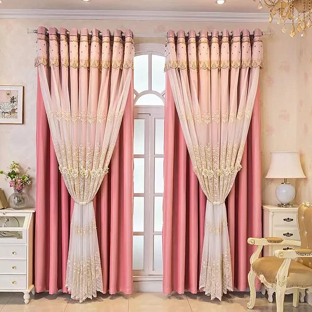 Amidoudou 1 Pair European Double Layer Curtains with Valances for Living Room Bedroom Luxury 3D Flower Embroidered Curtains (Beige,52x90 Inch)