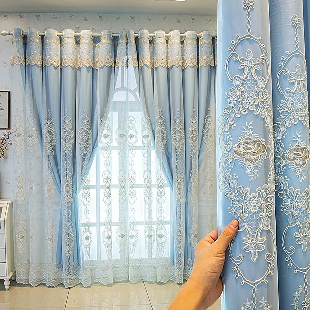 Amidoudou 1 Pair European Double Layer Curtains with Valances for Living Room Bedroom 3D Flower Embroidered Curtains (Grey,54x96 Inch)