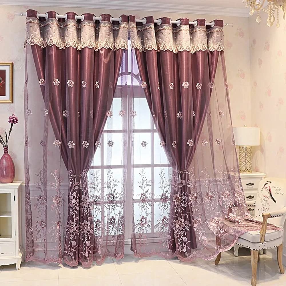 Amidoudou 1 Pair European Double Layer Curtains for Living Room Bedroom Luxury Flower Embroidered Curtains with Valance (Grey,54x96 Inch)