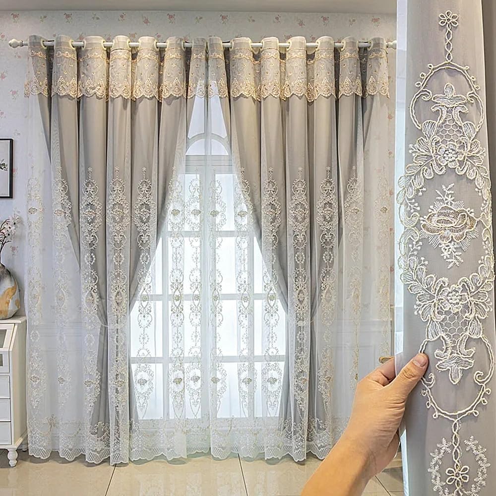 Amidoudou 1 Pair European Double Layer Curtains with Valances for Living Room Bedroom 3D Flower Embroidered Curtains (Grey,54x96 Inch)