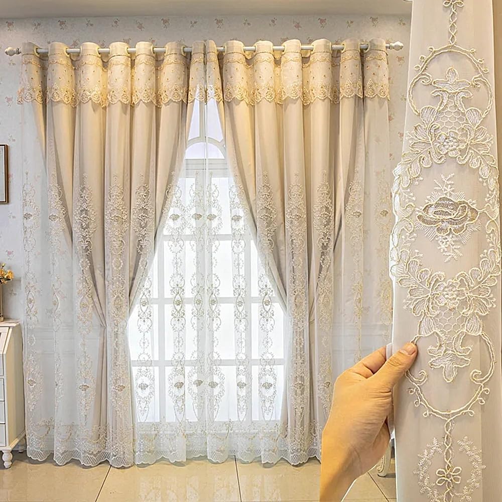 Amidoudou 1 Pair European Double Layer Curtains with Valances for Living Room Bedroom 3D Flower Embroidered Curtains (Grey,54x96 Inch)