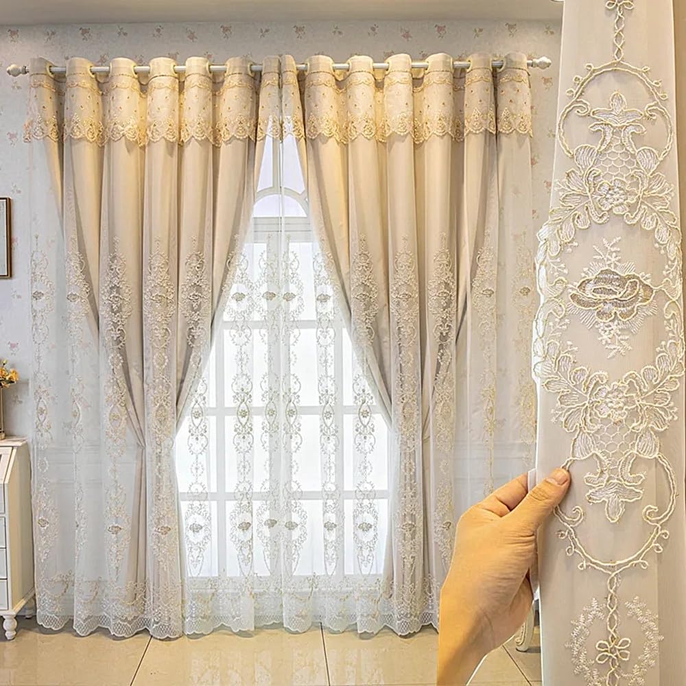 Amidoudou 1 Pair European Double Layer Curtains with Valances for Living Room Bedroom 3D Flower Embroidered Curtains (Grey,54x96 Inch)