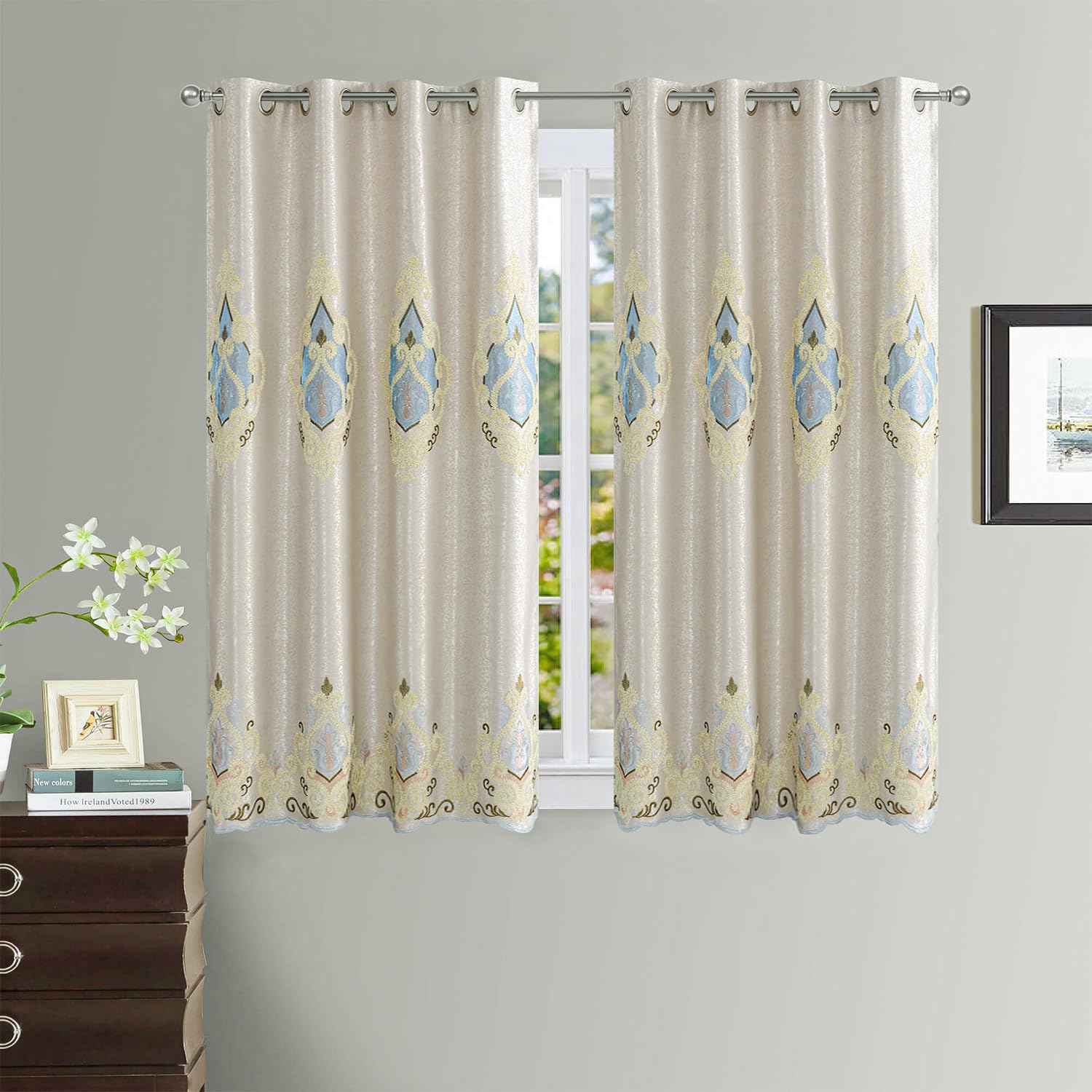 VOGOL Embroidered Curtains 84 inches Long Grommet Window Treatment Voile Panel Drape for Living Room Kitchen, Two Panels, W54 x L84 inch