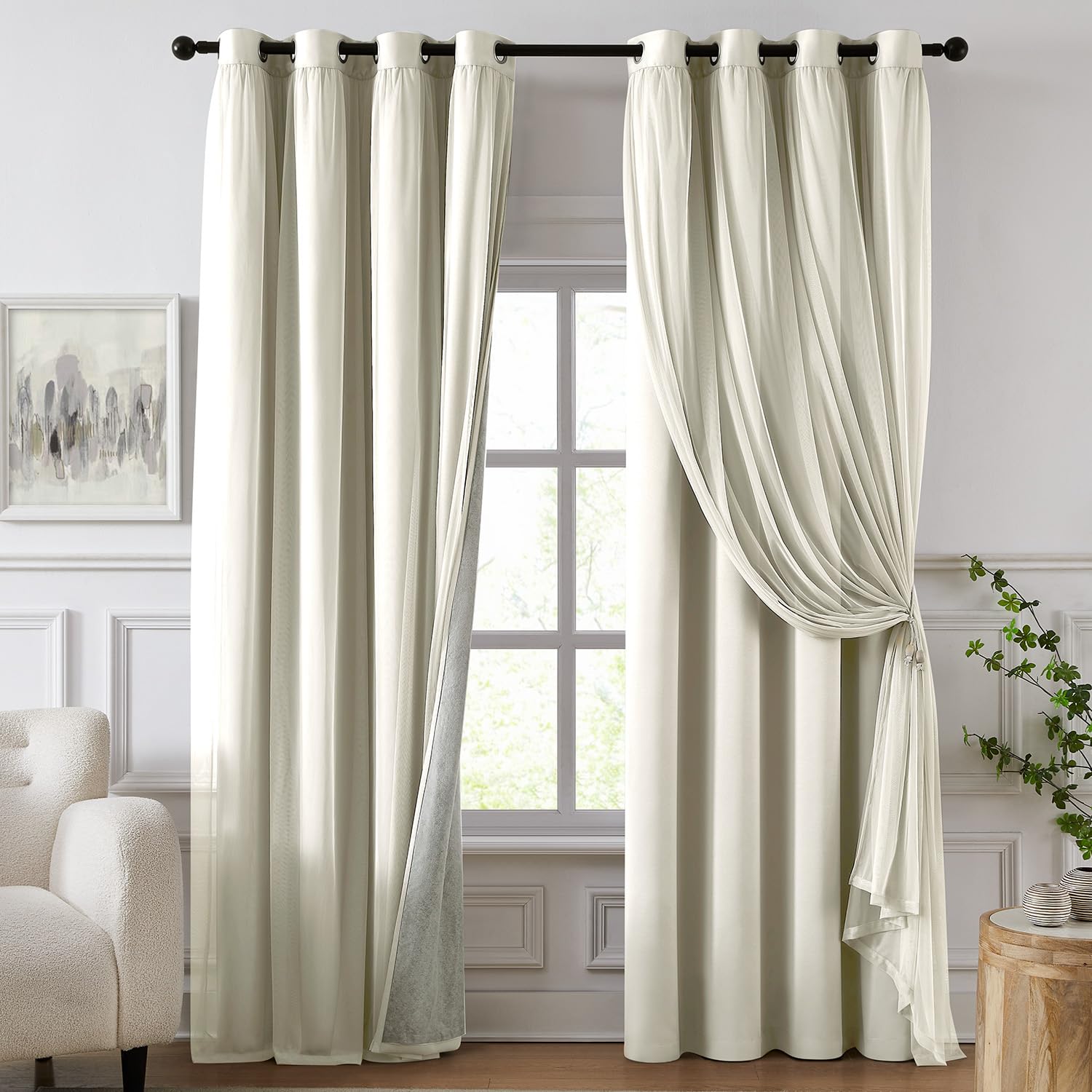 84 Inch Pink Double Layer Blackout Curtains with Sheer Overlay Grommet Window Drapes