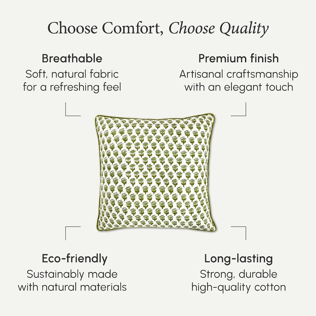 CPC 100% Cotton Throw Pillow Covers 24x24 Inch, Set of 2 Green Block Print Pattern Couch Pillow, Cute Boho Decorative Pillows for Living Room, Bedroom with Hidden Zipper- Emerald Green