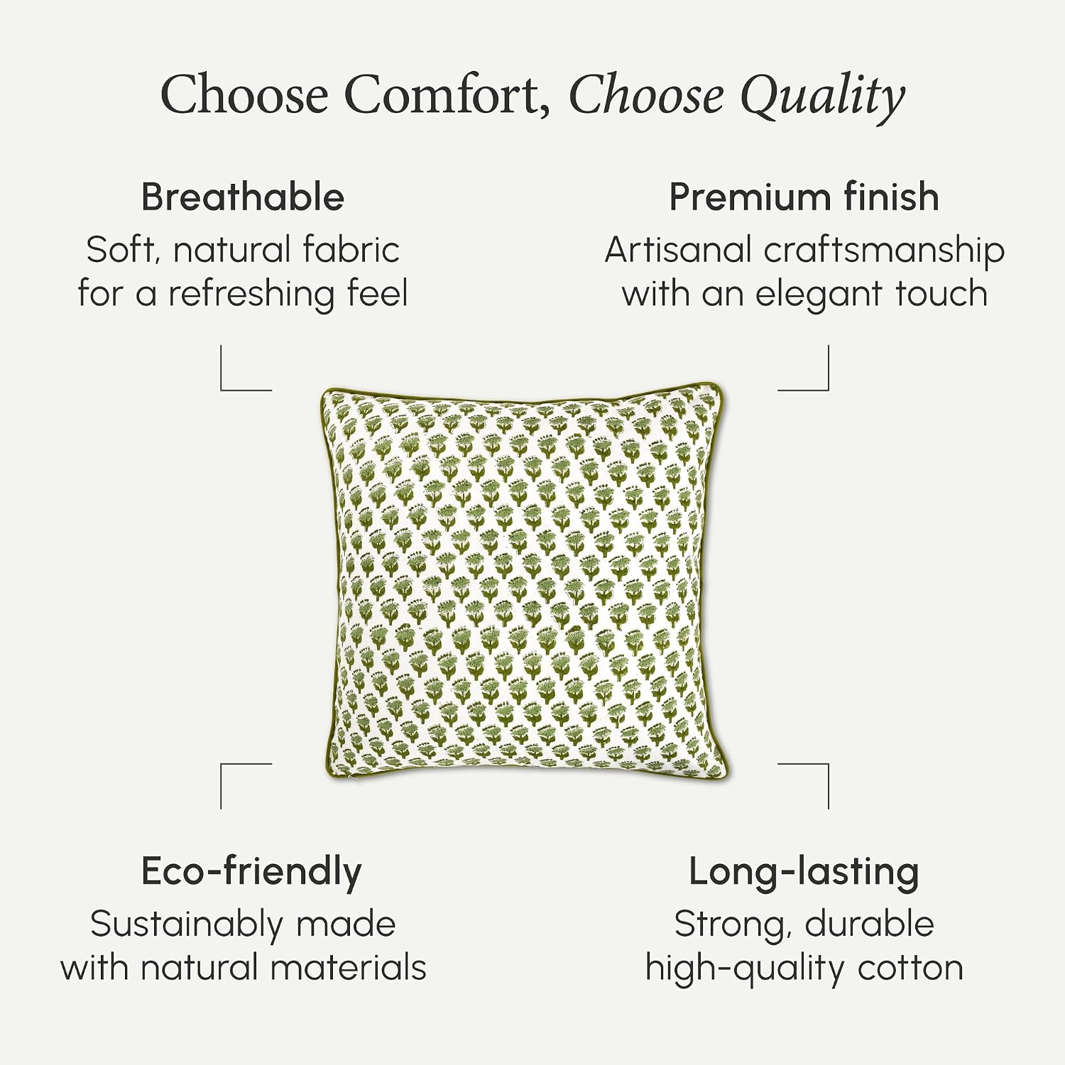 CPC 100% Cotton Throw Pillow Covers 24x24 Inch, Set of 2 Green Block Print Pattern Couch Pillow, Cute Boho Decorative Pillows for Living Room, Bedroom with Hidden Zipper- Emerald Green
