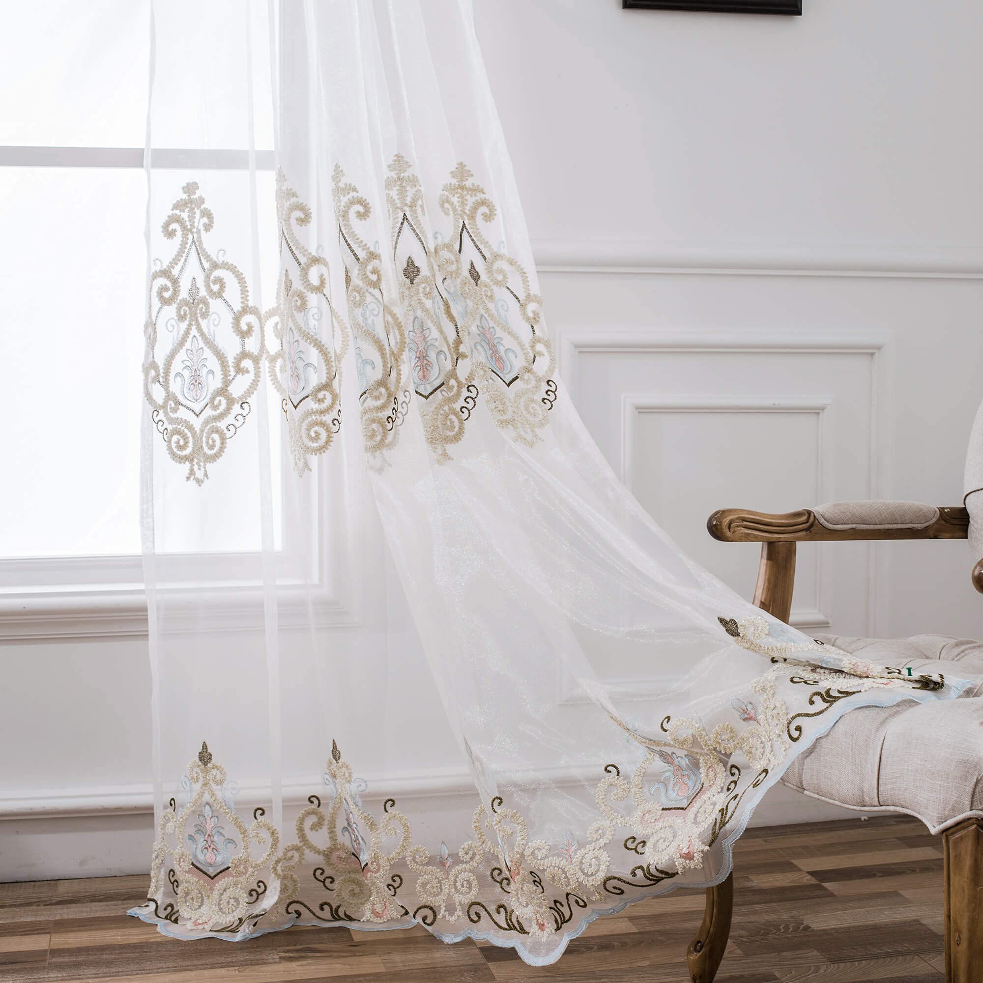 VOGOL Embroidered Curtains 84 inches Long Grommet Window Treatment Voile Panel Drape for Living Room Kitchen, Two Panels, W54 x L84 inch