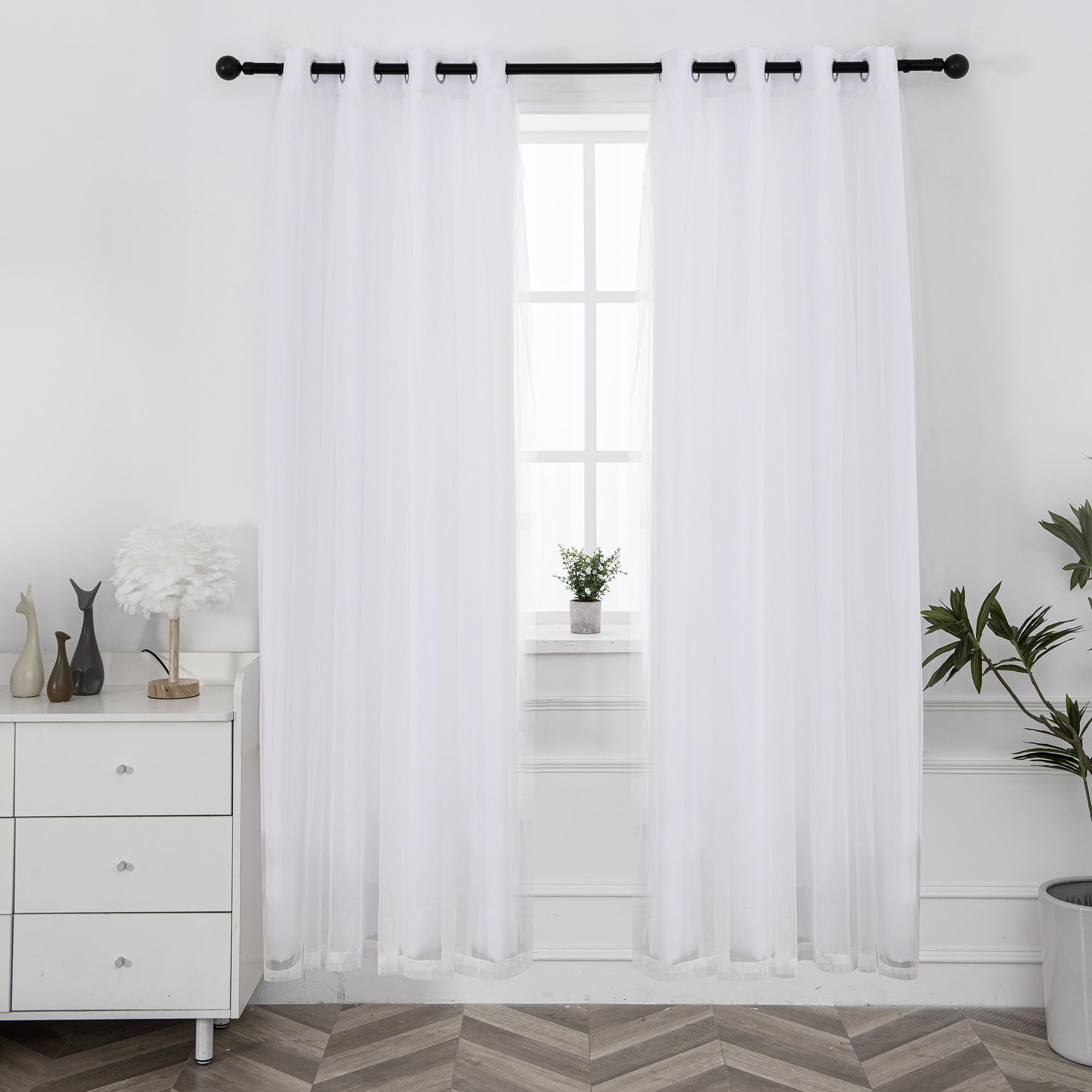 INLINAS Beige Blackout Curtains with Sheer Overlay - Grommet Top Thermal and Noise Reduction Panels for Bedroom and Living Room Light Blocking and Energy Saving, 52 x 84 Inches, Set of 2