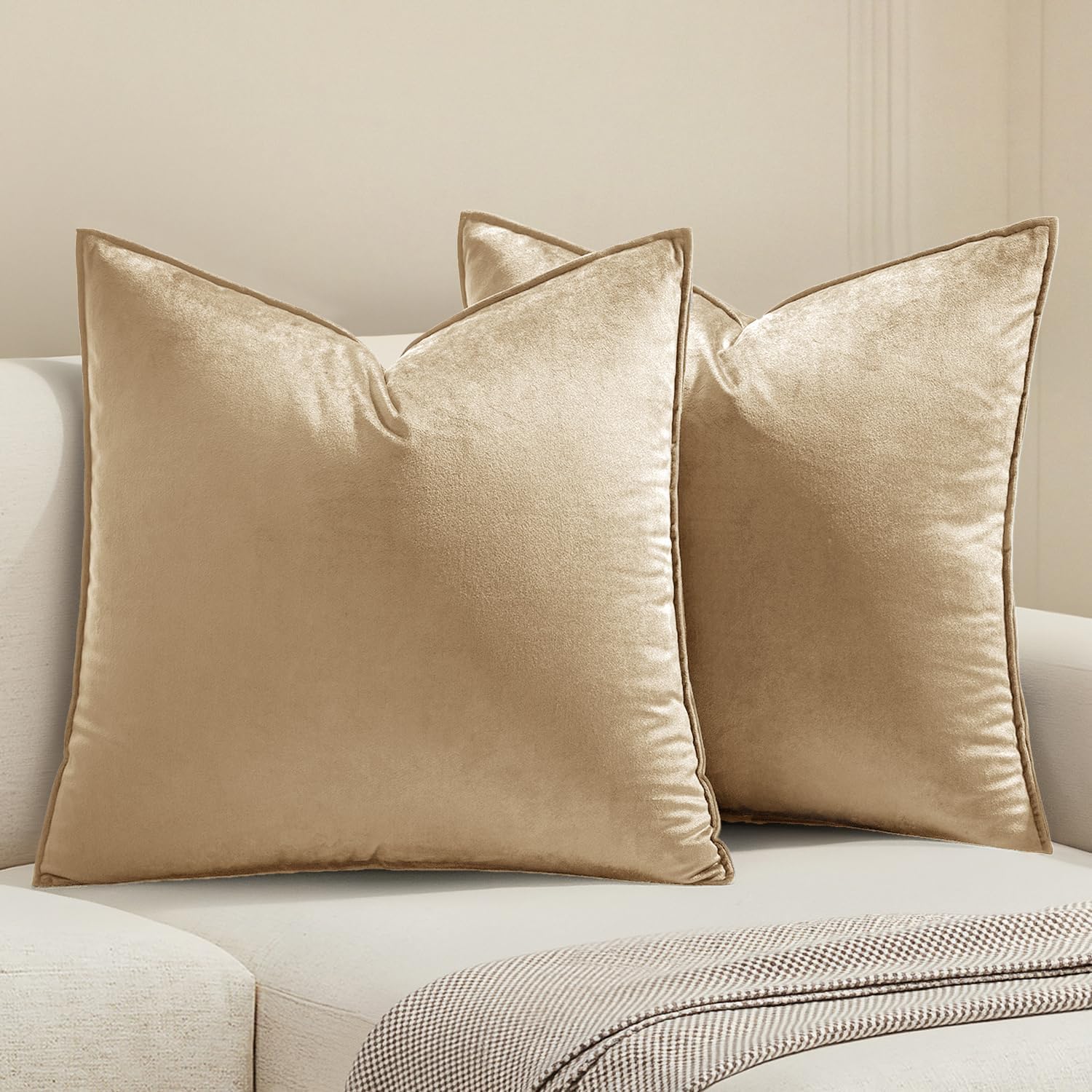 MIULEE Dark Coffee Velvet Throw Pillow Covers 22x22 Taupe Neutral Soft Decorative Solid Square Cushion Cases Pack of 2 Modern Luxury Home Decor for Couch, Sofa, Bedroom