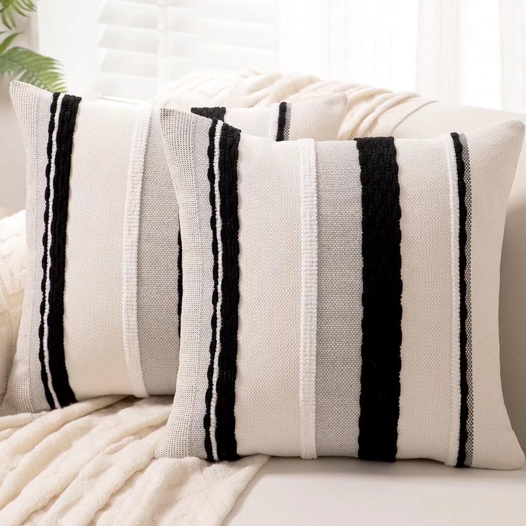 Boho Throw Pillow Covers 18x18 Set of 2 Farmhouse Decorative Cushion Case Striped Square Pillows Cover Chenille Pillow Cases Accent Neutral Pillowcase for Sofa Couch Bed,Yellow