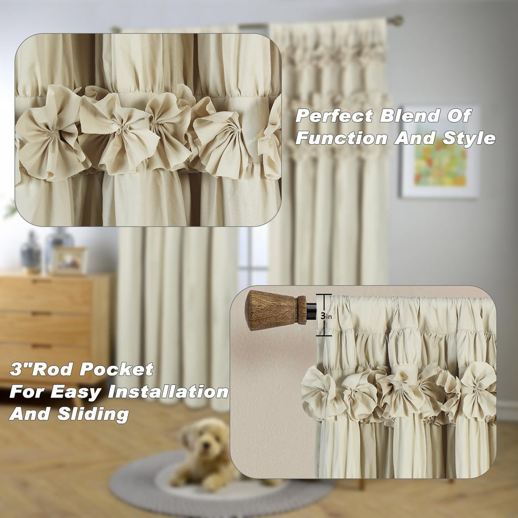 Homechoice Decor Camel Blackout Curtains with Handmade Ruffles, Butterfly Flower Embellishments for Thermal Insulated Room Darkening Drapes, 42" W x 63" L (Pair) for Bedroom, Living Room (LQ-37)
