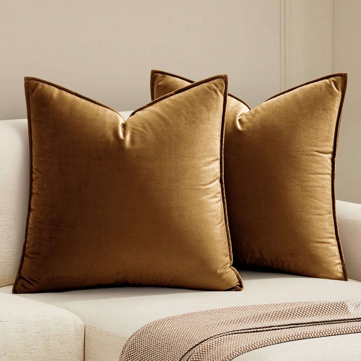 MIULEE Dark Coffee Velvet Throw Pillow Covers 22x22 Taupe Neutral Soft Decorative Solid Square Cushion Cases Pack of 2 Modern Luxury Home Decor for Couch, Sofa, Bedroom