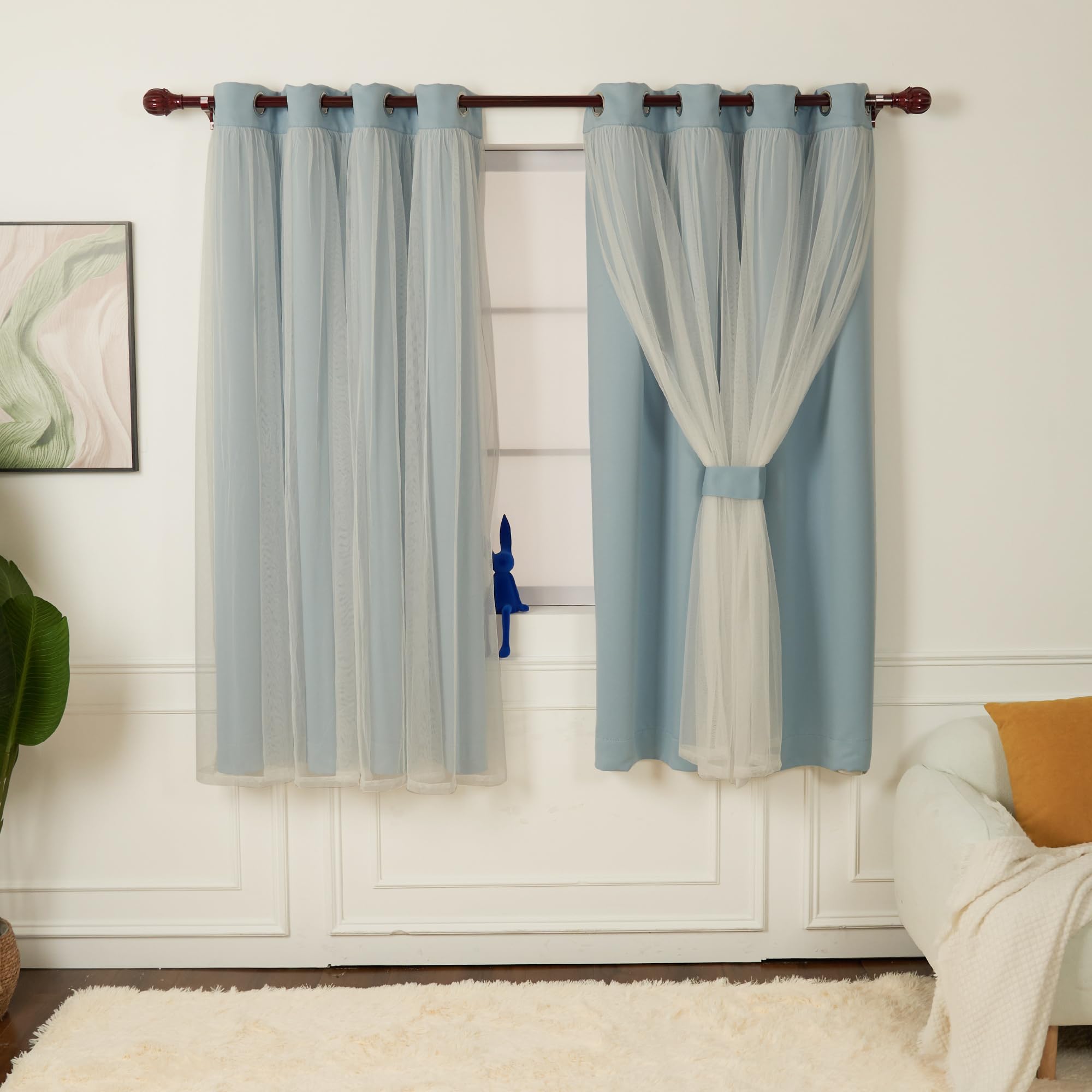 INLINAS Beige Blackout Curtains with Sheer Overlay - Grommet Top Thermal and Noise Reduction Panels for Bedroom and Living Room Light Blocking and Energy Saving, 52 x 84 Inches, Set of 2