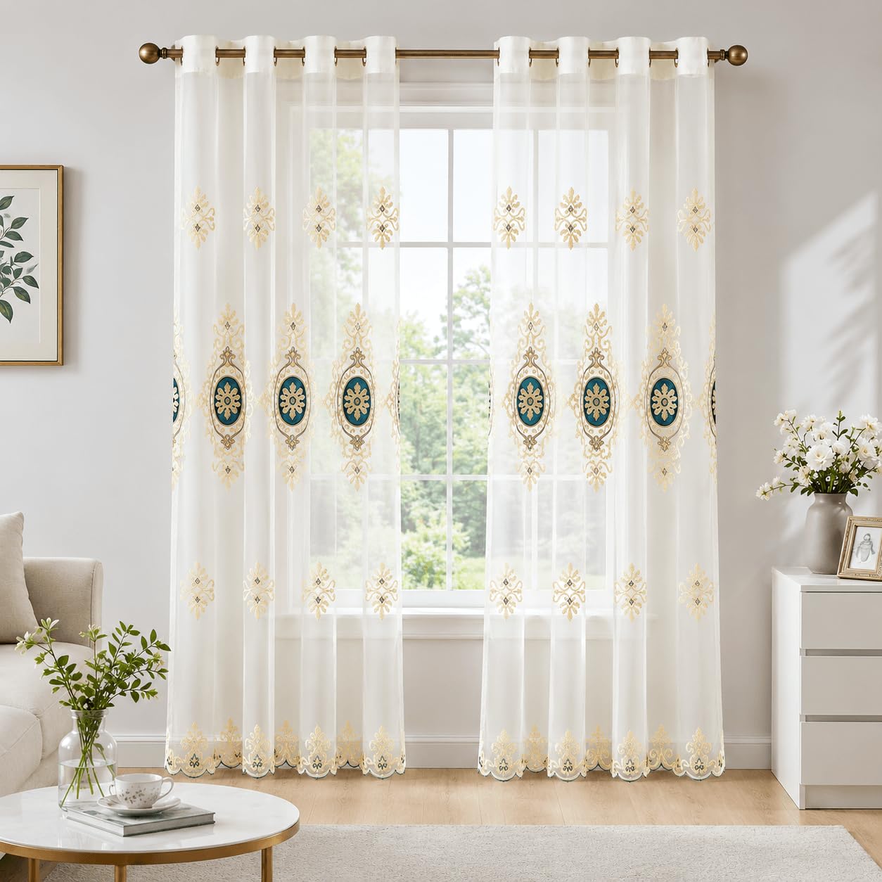 VOGOL Embroidered Curtains 84 inches Long Grommet Window Treatment Voile Panel Drape for Living Room Kitchen, Two Panels, W54 x L84 inch