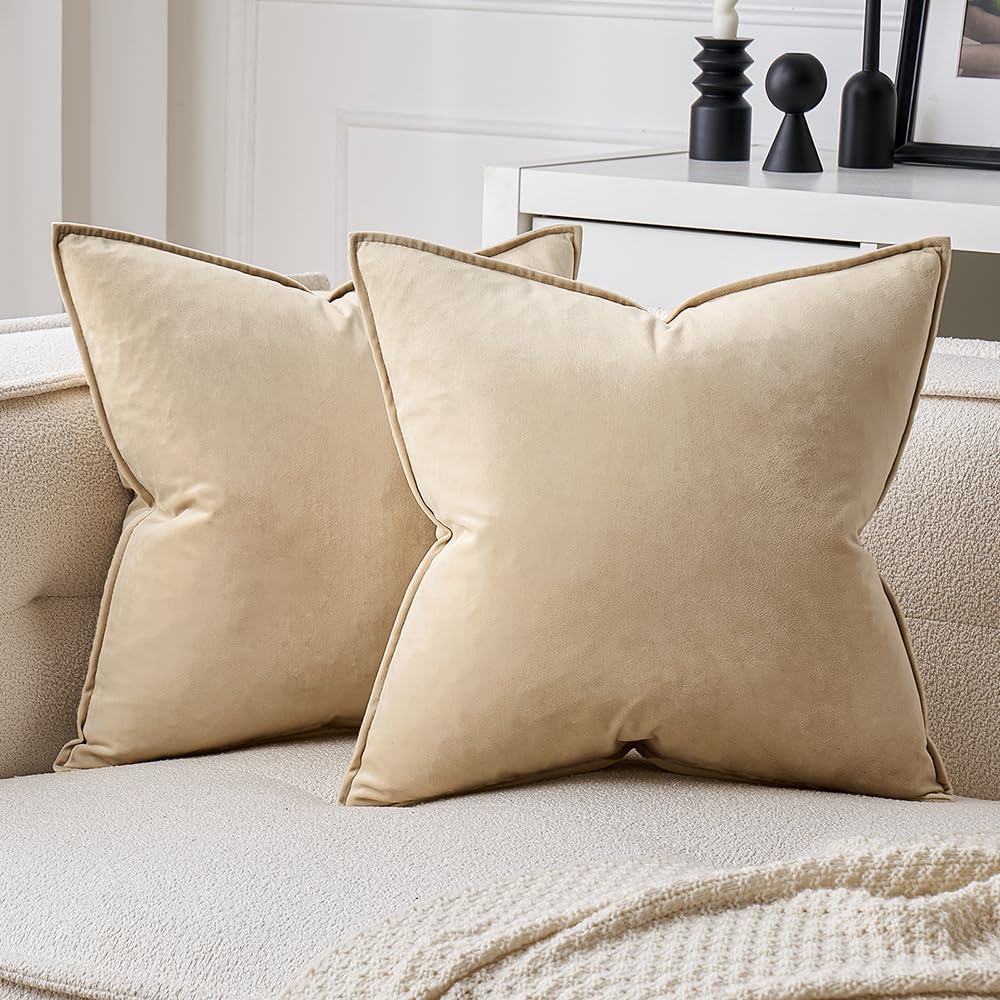 MIULEE Dark Coffee Velvet Throw Pillow Covers 22x22 Taupe Neutral Soft Decorative Solid Square Cushion Cases Pack of 2 Modern Luxury Home Decor for Couch, Sofa, Bedroom