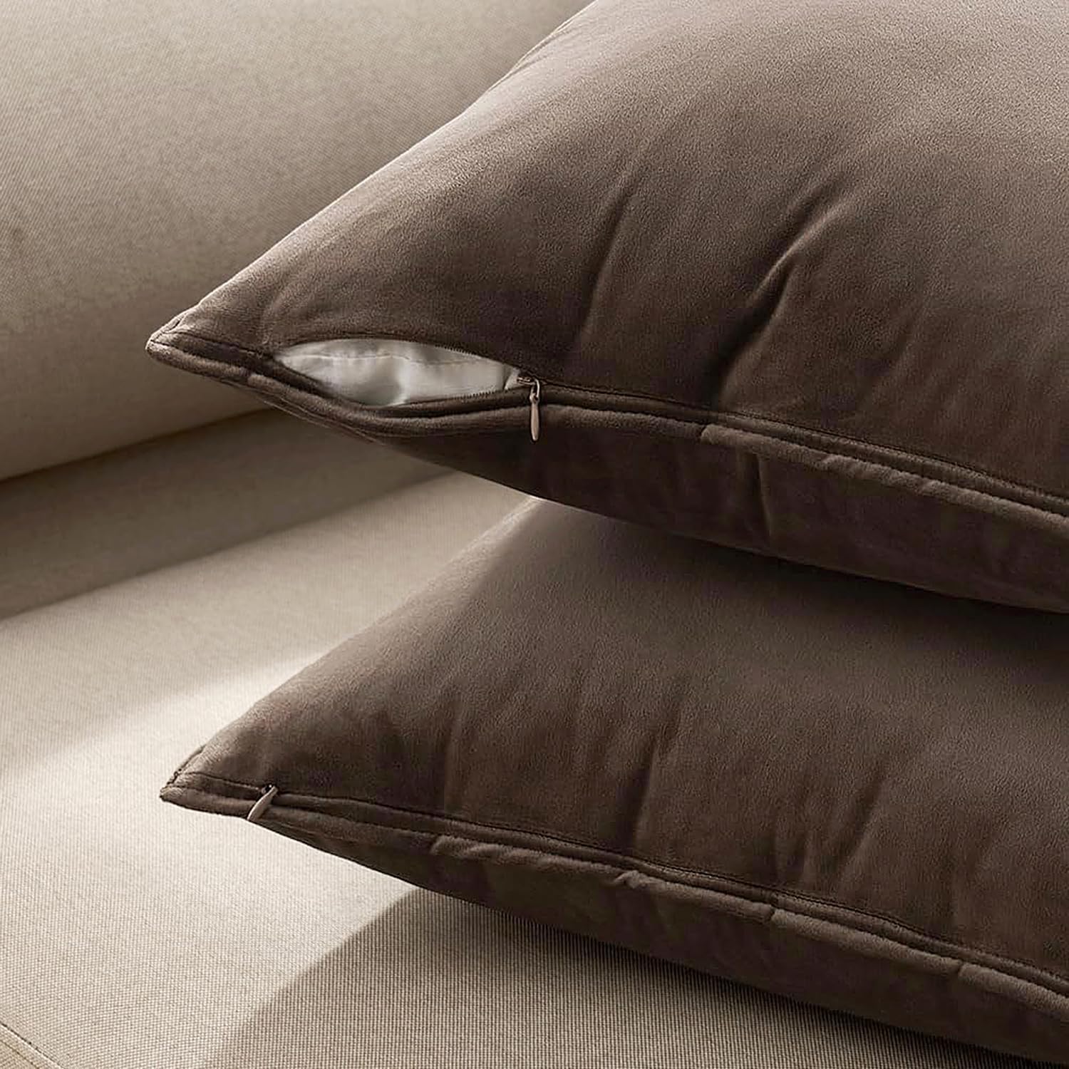 MIULEE Dark Coffee Velvet Throw Pillow Covers 22x22 Taupe Neutral Soft Decorative Solid Square Cushion Cases Pack of 2 Modern Luxury Home Decor for Couch, Sofa, Bedroom