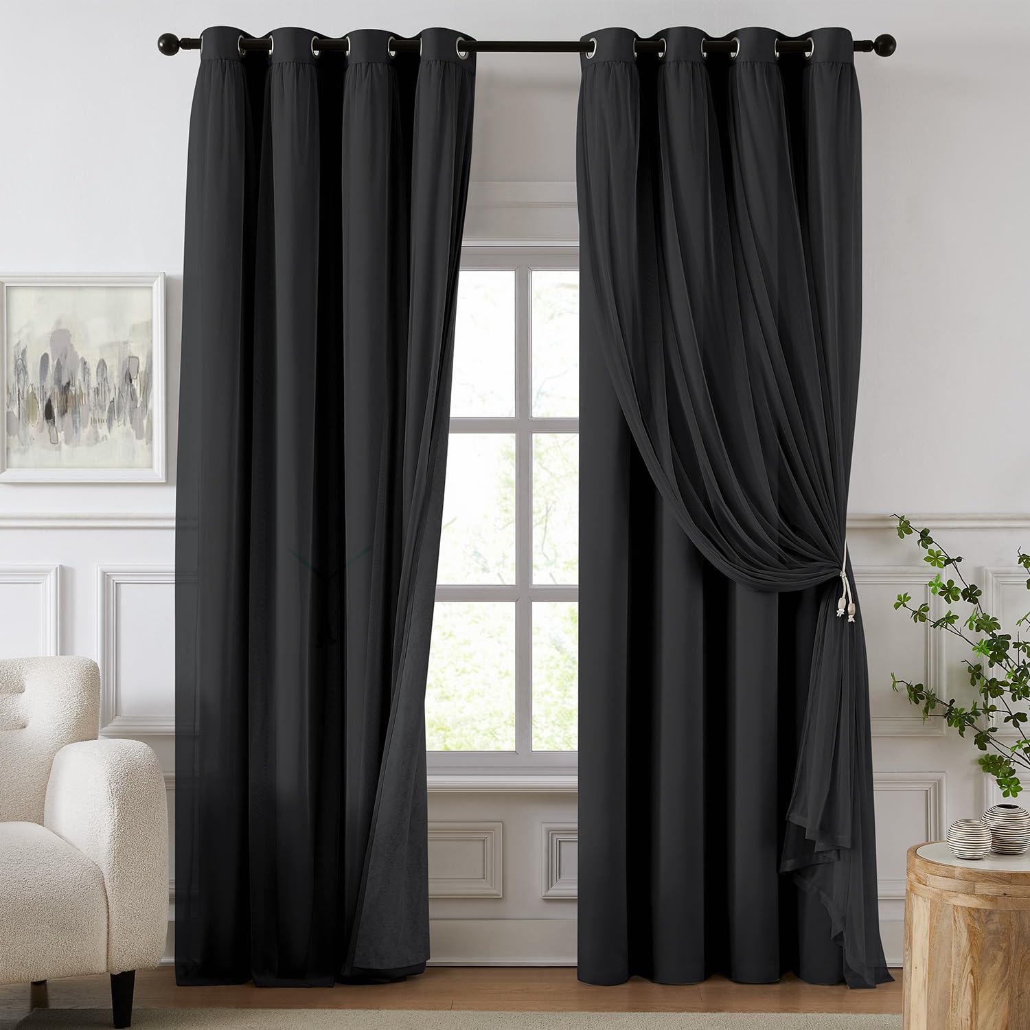 84 Inch Pink Double Layer Blackout Curtains with Sheer Overlay Grommet Window Drapes