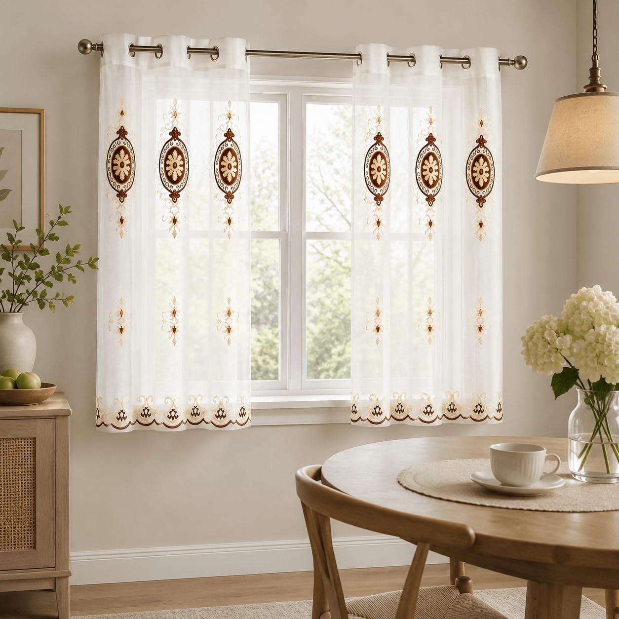 VOGOL Embroidered Curtains 84 inches Long Grommet Window Treatment Voile Panel Drape for Living Room Kitchen, Two Panels, W54 x L84 inch