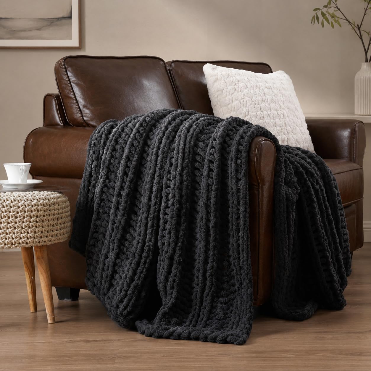 Battilo Chunky Knit Throw Blanket for Couch, Hand Made Chenille Throw Blanket, Super Soft Warm Cozy Taupe Blanket for Bed, Sofa, Living Room, 50"x60"