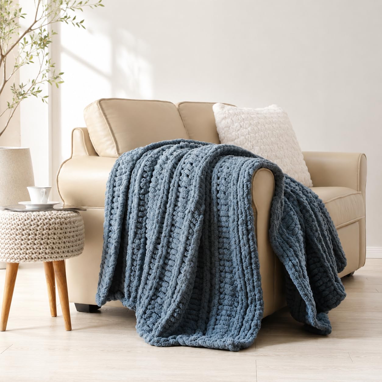 Battilo Chunky Knit Throw Blanket for Couch, Hand Made Chenille Throw Blanket, Super Soft Warm Cozy Taupe Blanket for Bed, Sofa, Living Room, 50"x60"