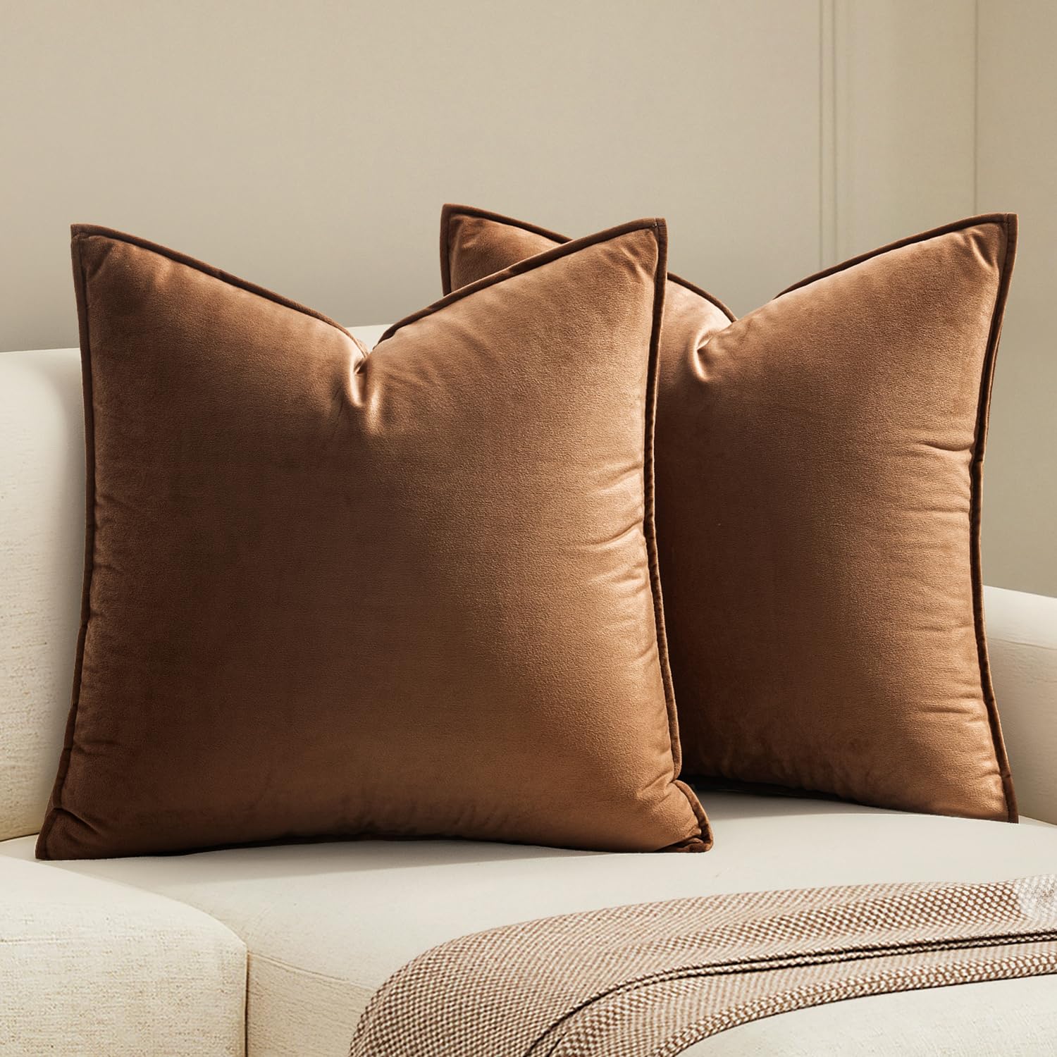 MIULEE Dark Coffee Velvet Throw Pillow Covers 22x22 Taupe Neutral Soft Decorative Solid Square Cushion Cases Pack of 2 Modern Luxury Home Decor for Couch, Sofa, Bedroom