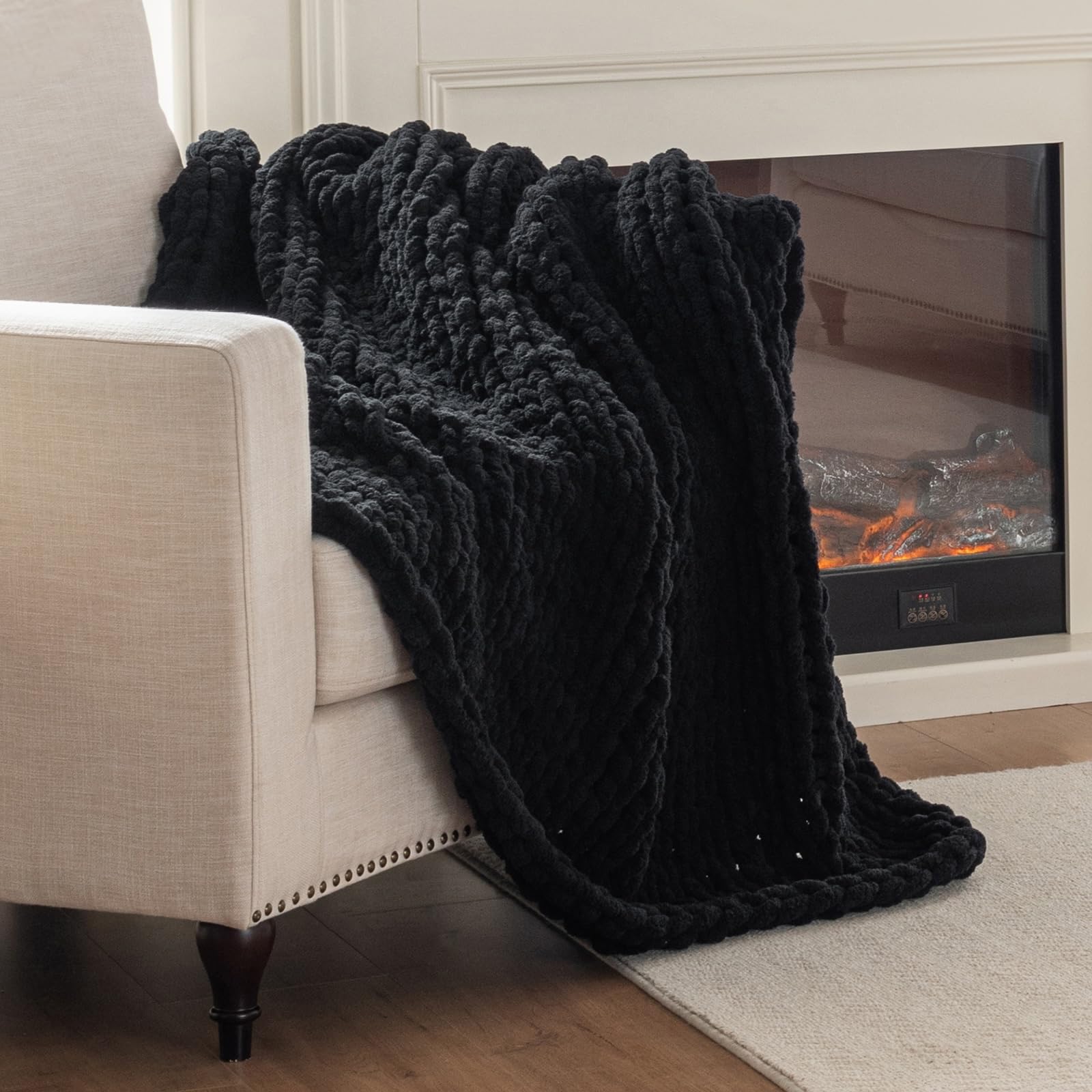 Chunky Knit Blanket Throw, 100% Hand Knit Throw Blanket Handmade Chenille Cable Knit Throw for Couch, Stylish Cozy Soft Rope Knot Crochet Blanket for Home Decor, Beige Linen, 50x60 Inches