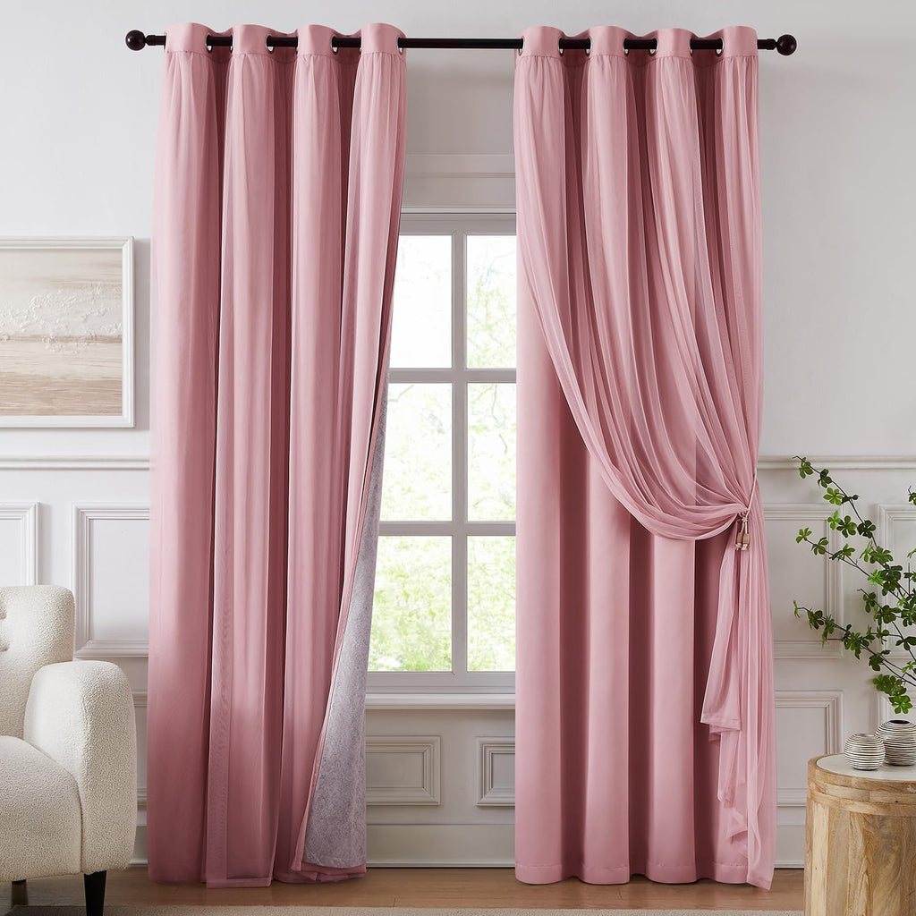84 Inch Pink Double Layer Blackout Curtains with Sheer Overlay Grommet Window Drapes