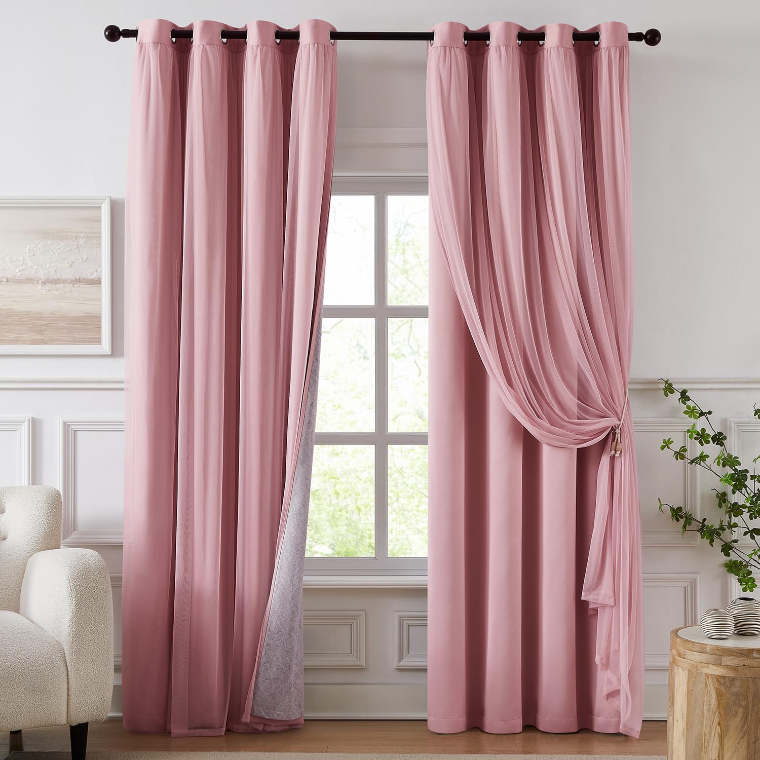 84 Inch Pink Double Layer Blackout Curtains with Sheer Overlay Grommet Window Drapes