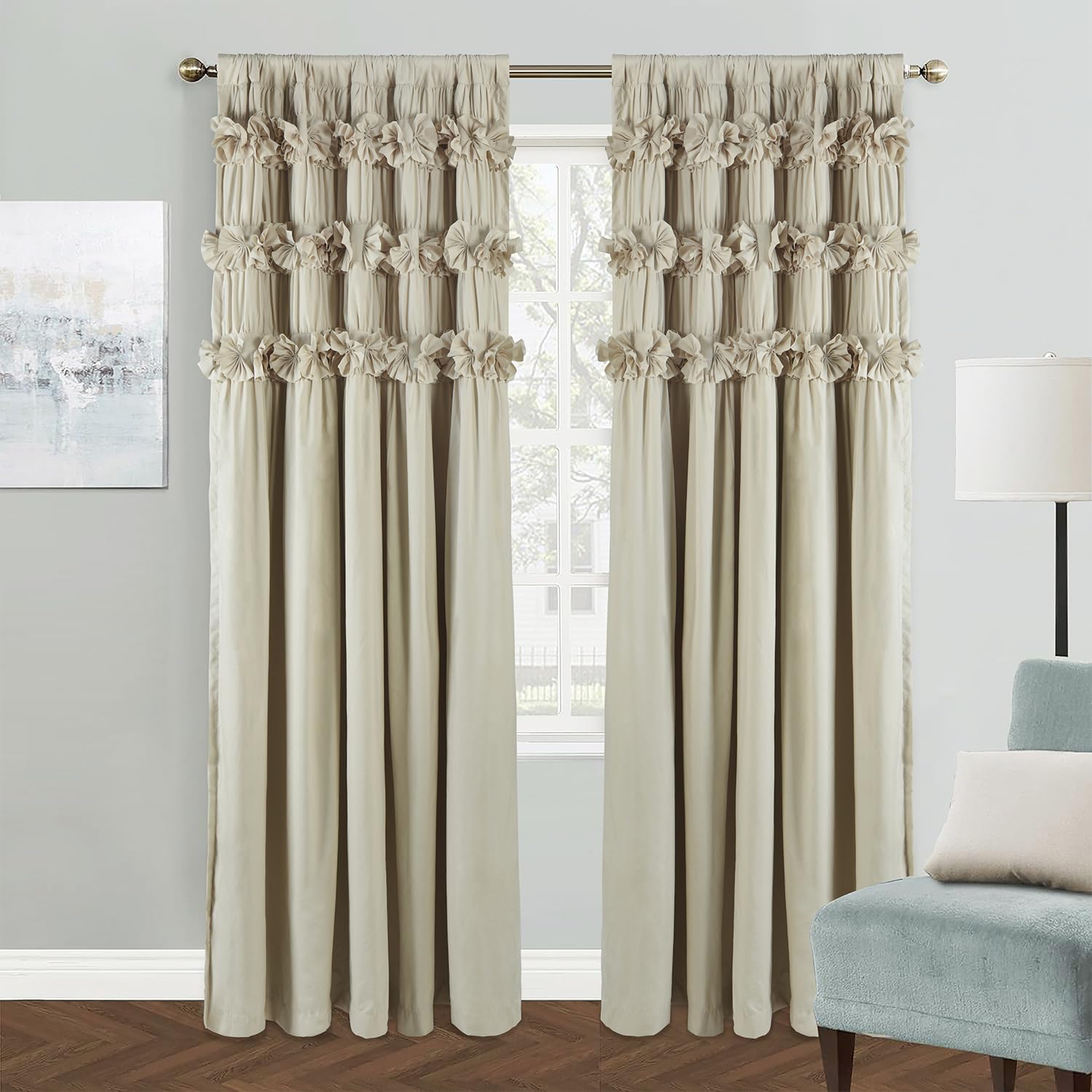 Homechoice Decor Camel Blackout Curtains with Handmade Ruffles, Butterfly Flower Embellishments for Thermal Insulated Room Darkening Drapes, 42" W x 63" L (Pair) for Bedroom, Living Room (LQ-37)