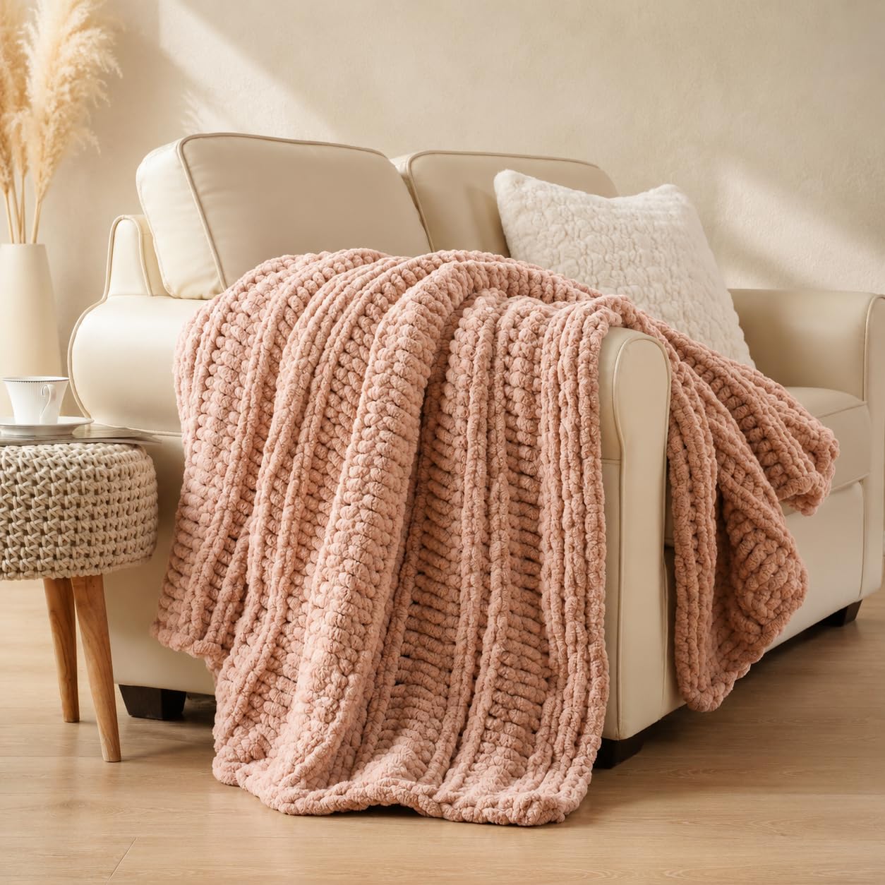 Battilo Chunky Knit Throw Blanket for Couch, Hand Made Chenille Throw Blanket, Super Soft Warm Cozy Taupe Blanket for Bed, Sofa, Living Room, 50"x60"