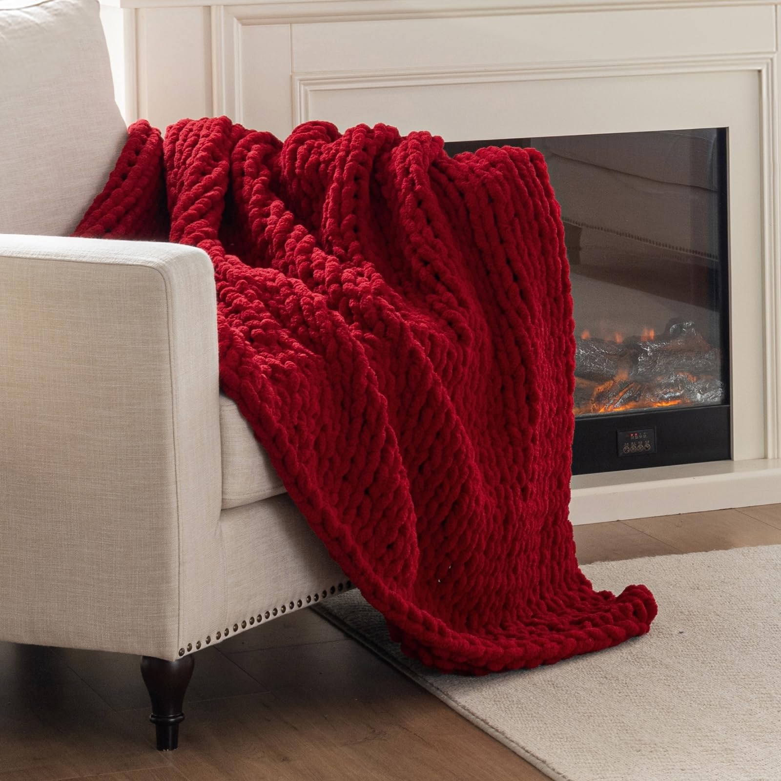 Chunky Knit Blanket Throw, 100% Hand Knit Throw Blanket Handmade Chenille Cable Knit Throw for Couch, Stylish Cozy Soft Rope Knot Crochet Blanket for Home Decor, Beige Linen, 50x60 Inches