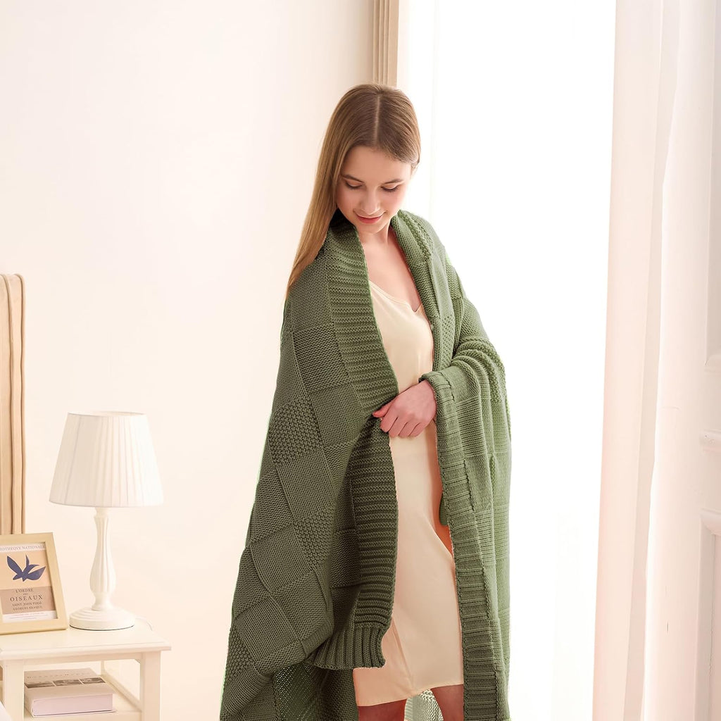 CozeCube Check Knit Throw Blanket, Olive Green Checkered Throw for Couch, Decorative Christmas Soft Cozy Warm Knitted Blanket for Bed Sofa Living Room, 50"X60"