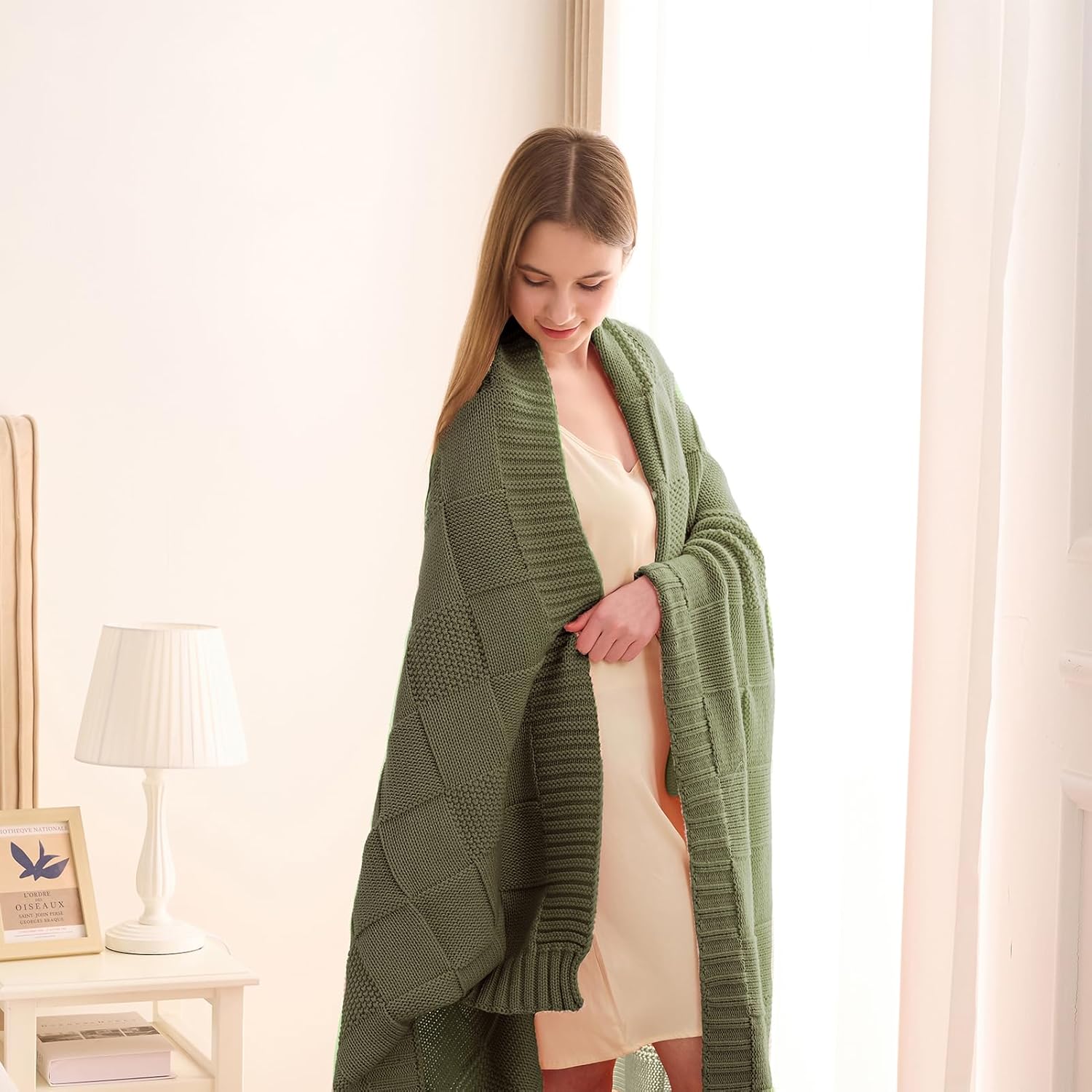 CozeCube Check Knit Throw Blanket, Olive Green Checkered Throw for Couch, Decorative Christmas Soft Cozy Warm Knitted Blanket for Bed Sofa Living Room, 50"X60"