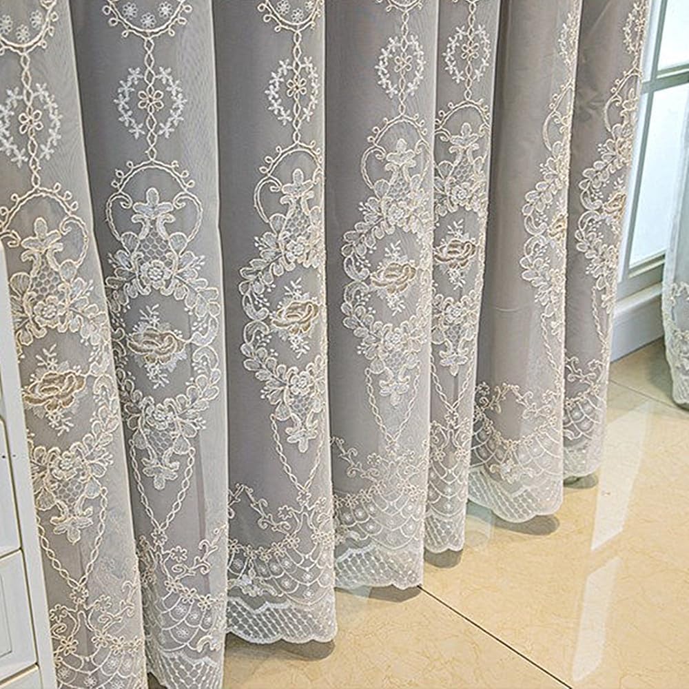 Amidoudou 1 Pair European Double Layer Curtains with Valances for Living Room Bedroom 3D Flower Embroidered Curtains (Grey,54x96 Inch)