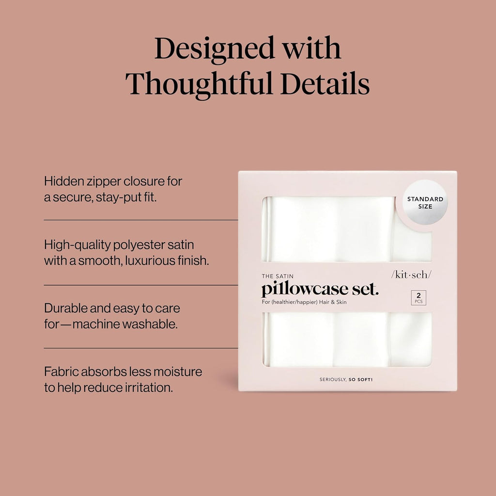 Kitsch Satin Pillowcase with Zipper for Hair & Skin - Softer Than Silk Pillow Cases, Smooth Cooling Satin Pillow Case, Wrinkle-Free, Machine Washable - Pillow Cases Standard Size (19x26), Ivory 2pcs