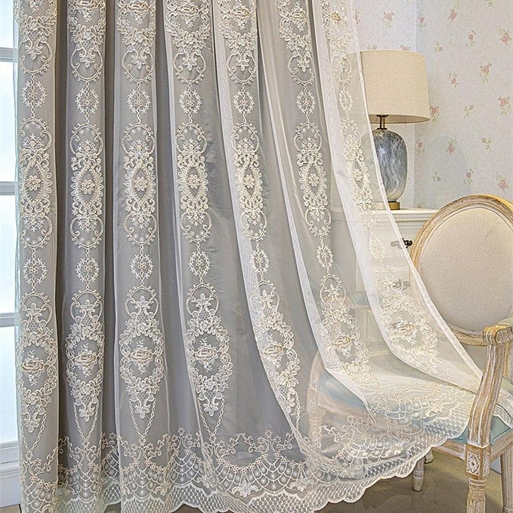 Amidoudou 1 Pair European Double Layer Curtains with Valances for Living Room Bedroom 3D Flower Embroidered Curtains (Grey,54x96 Inch)