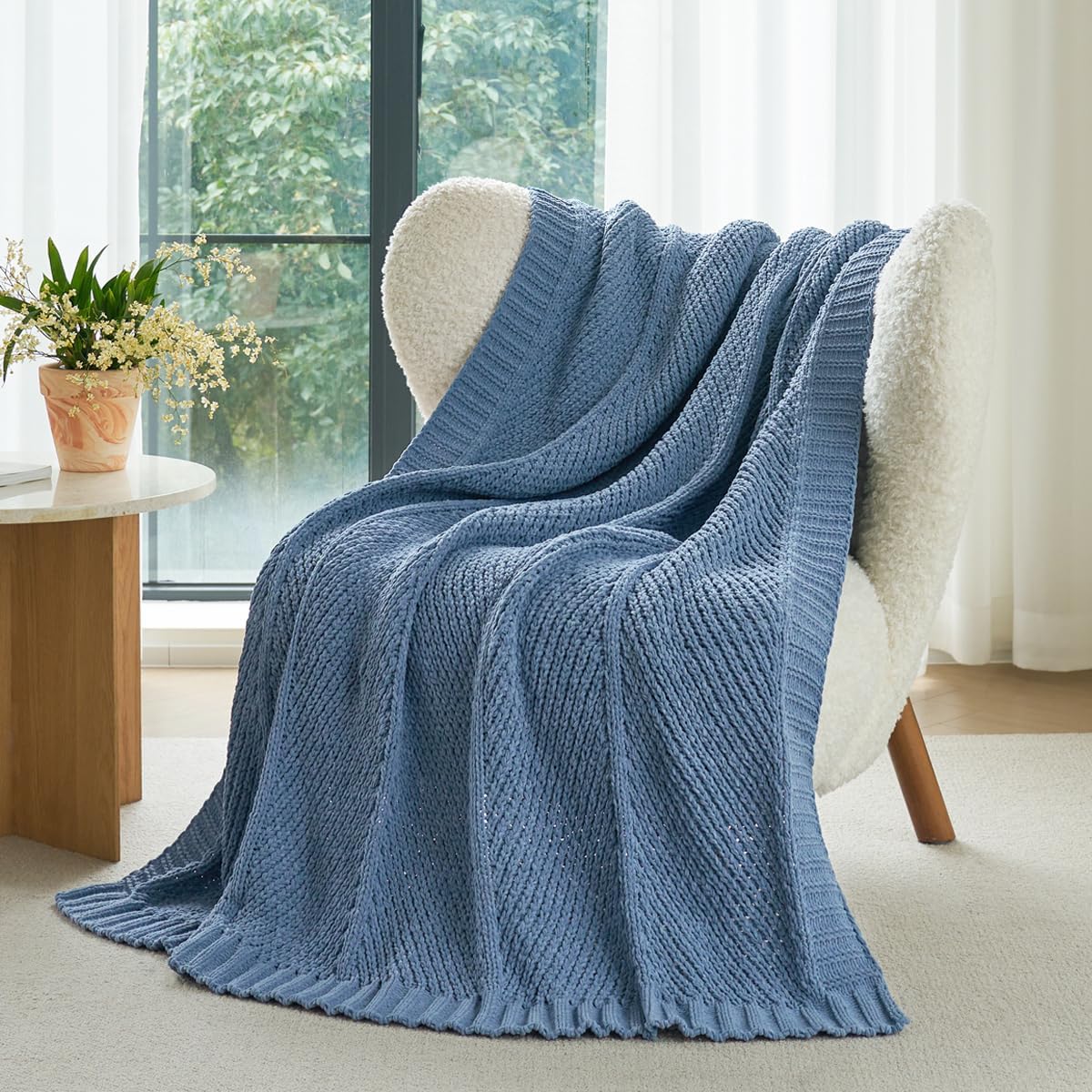Sage Green Chunky Chenille Knit Throw Blanket 50x60 Inch Checkered Decor Blanket for Couch Bed
