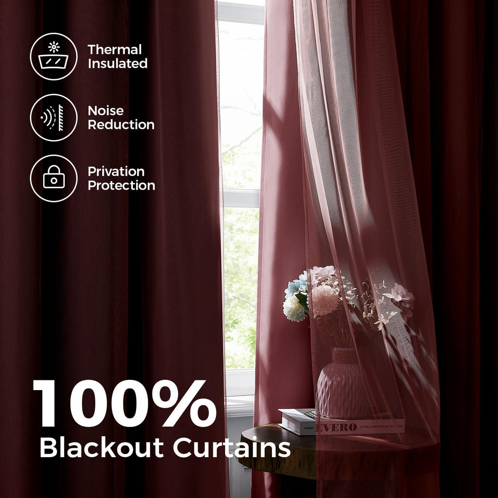 84 Inch Pink Double Layer Blackout Curtains with Sheer Overlay Grommet Window Drapes