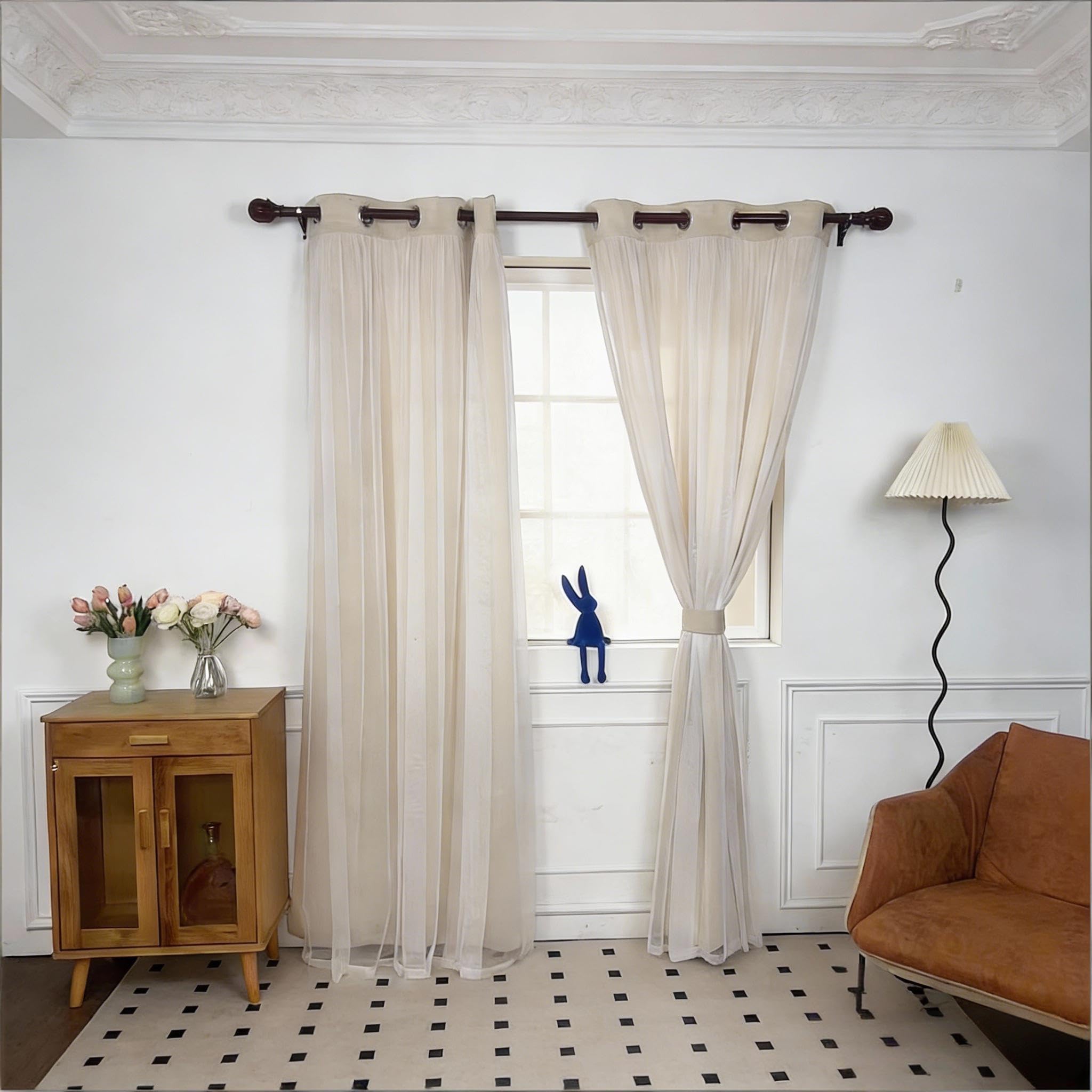 INLINAS Beige Blackout Curtains with Sheer Overlay - Grommet Top Thermal and Noise Reduction Panels for Bedroom and Living Room Light Blocking and Energy Saving, 52 x 84 Inches, Set of 2